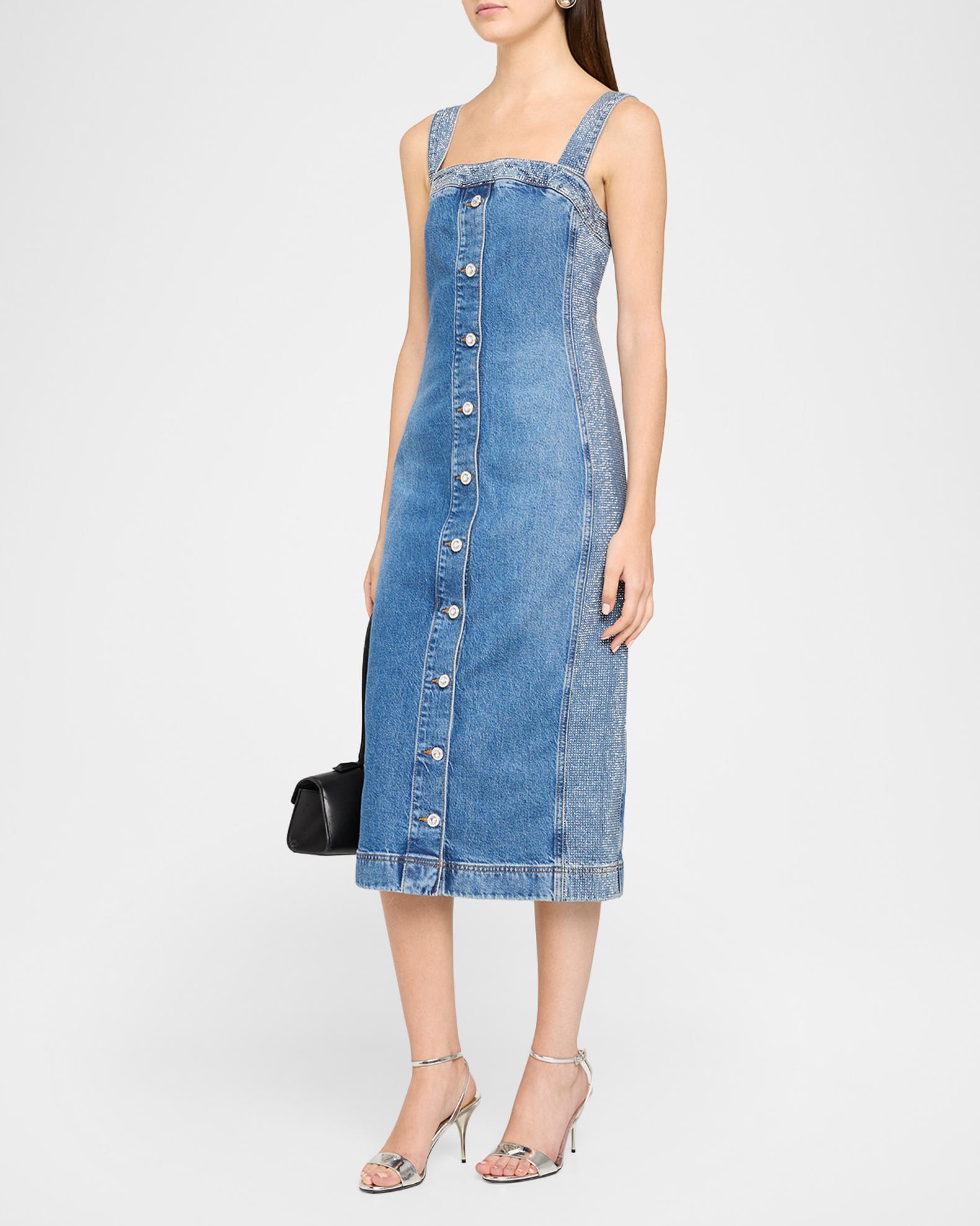 Ramy Brook Amanda Rhinestone-Trim Denim Midi Dress | Neiman Marcus
