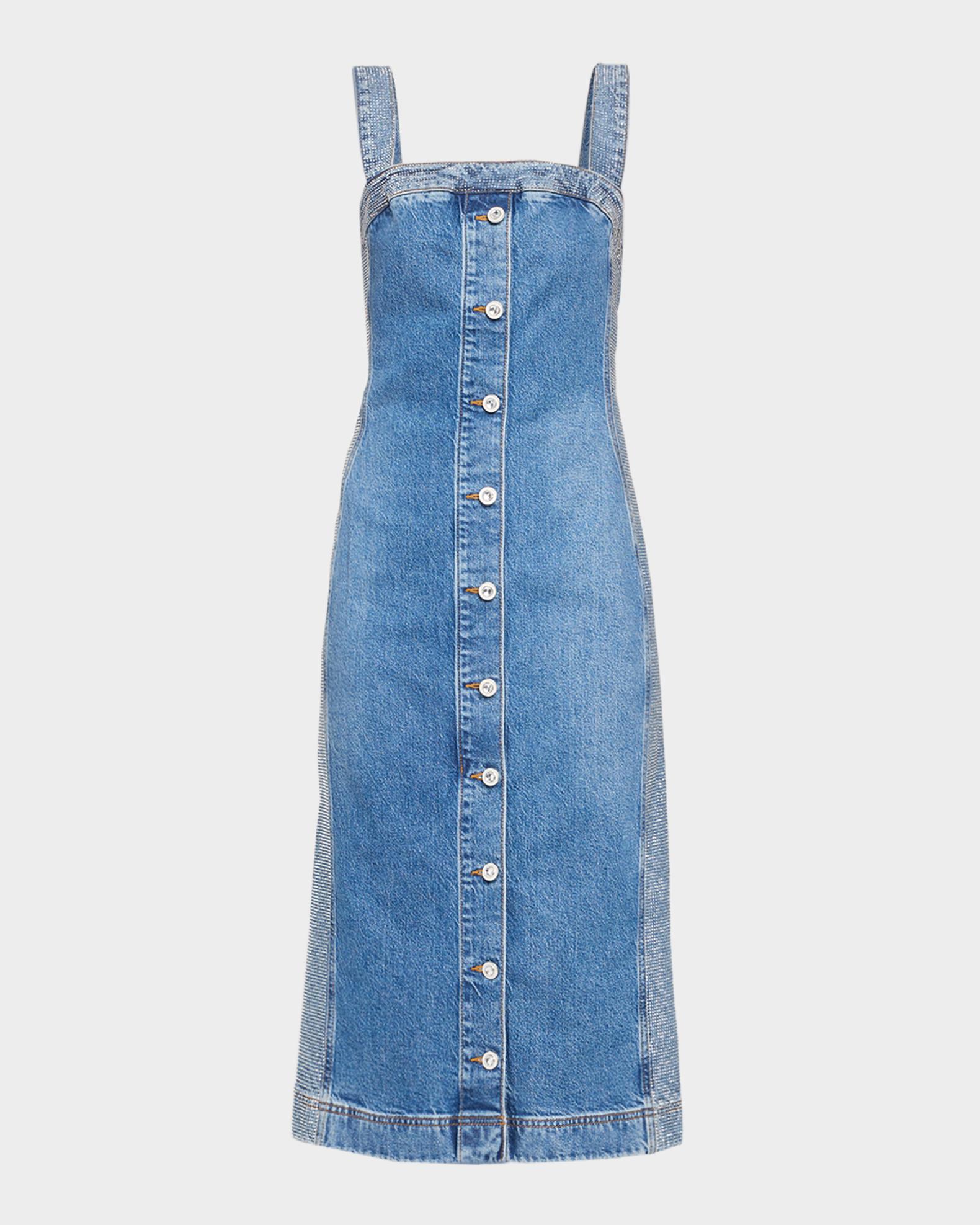 Ramy Brook Amanda Rhinestone-Trim Denim Midi Dress | Neiman Marcus