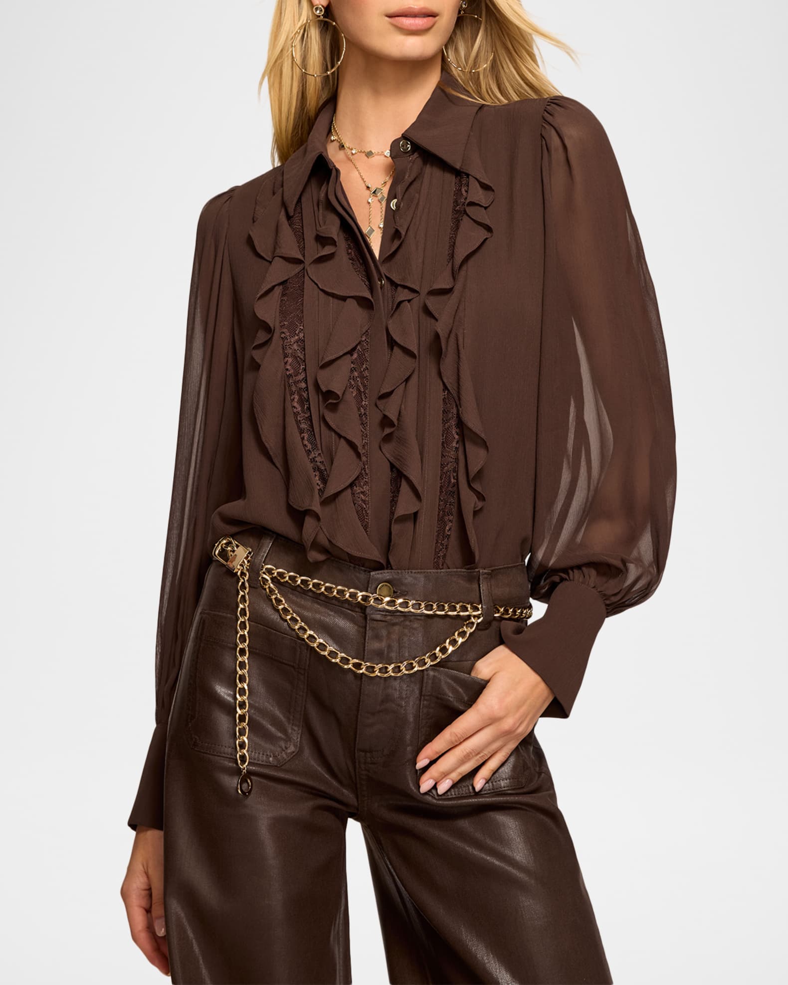 Ramy Brook Claire Ruffle Blouson-Sleeve Silk Blouse | Neiman Marcus