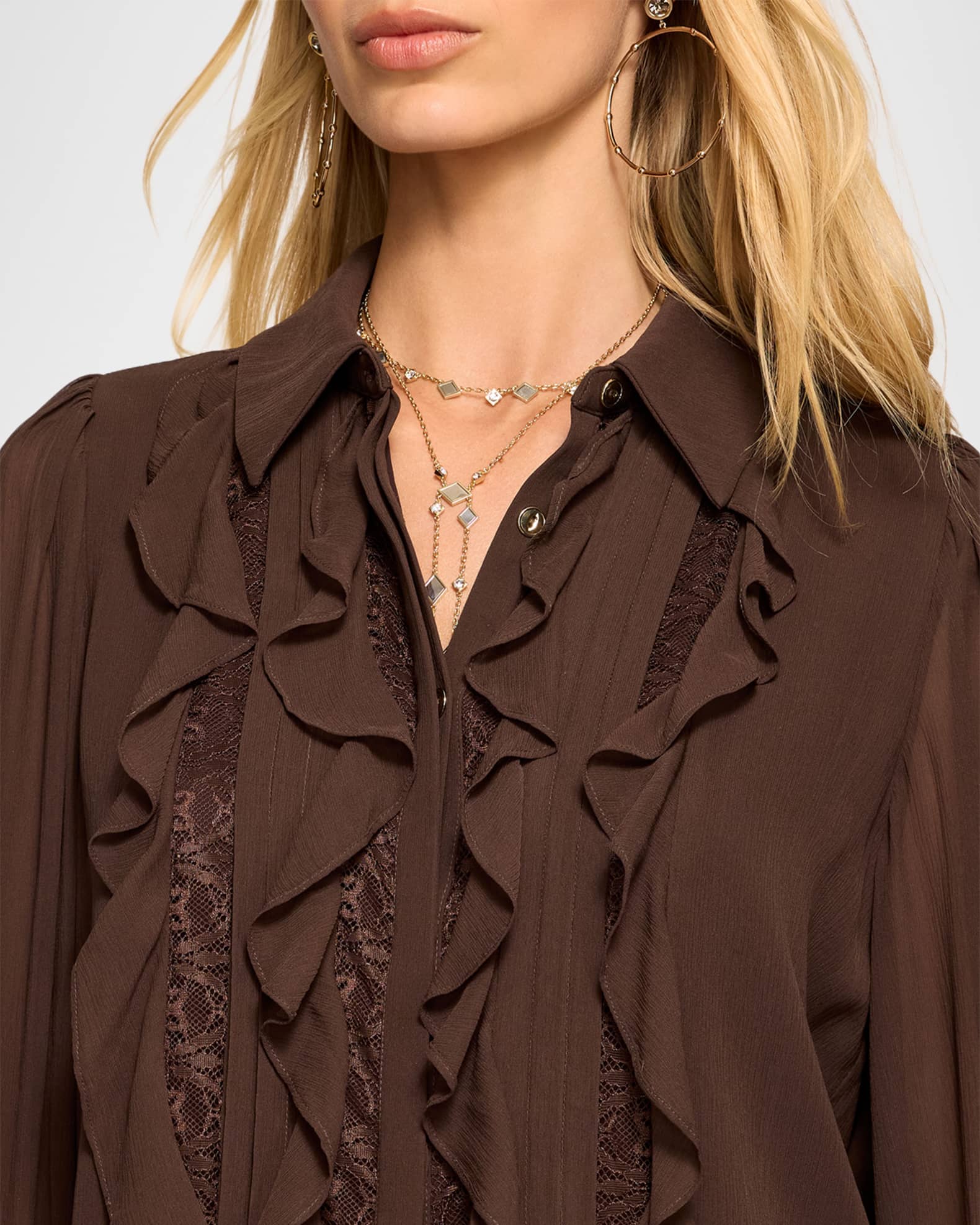 Ramy Brook Claire Ruffle Blouson-Sleeve Silk Blouse | Neiman Marcus