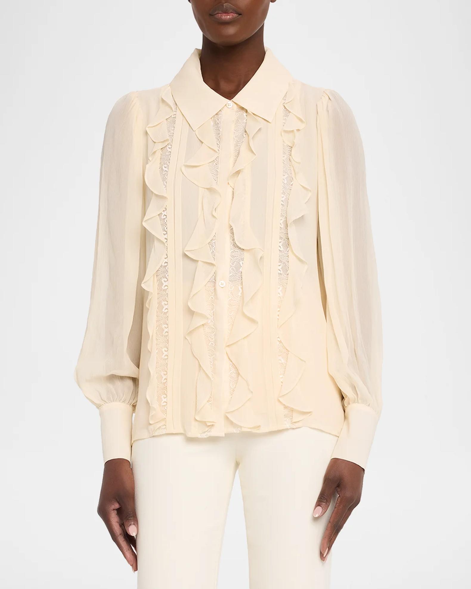 Ramy Brook Claire Ruffle Blouson-Sleeve Silk Blouse | Neiman Marcus
