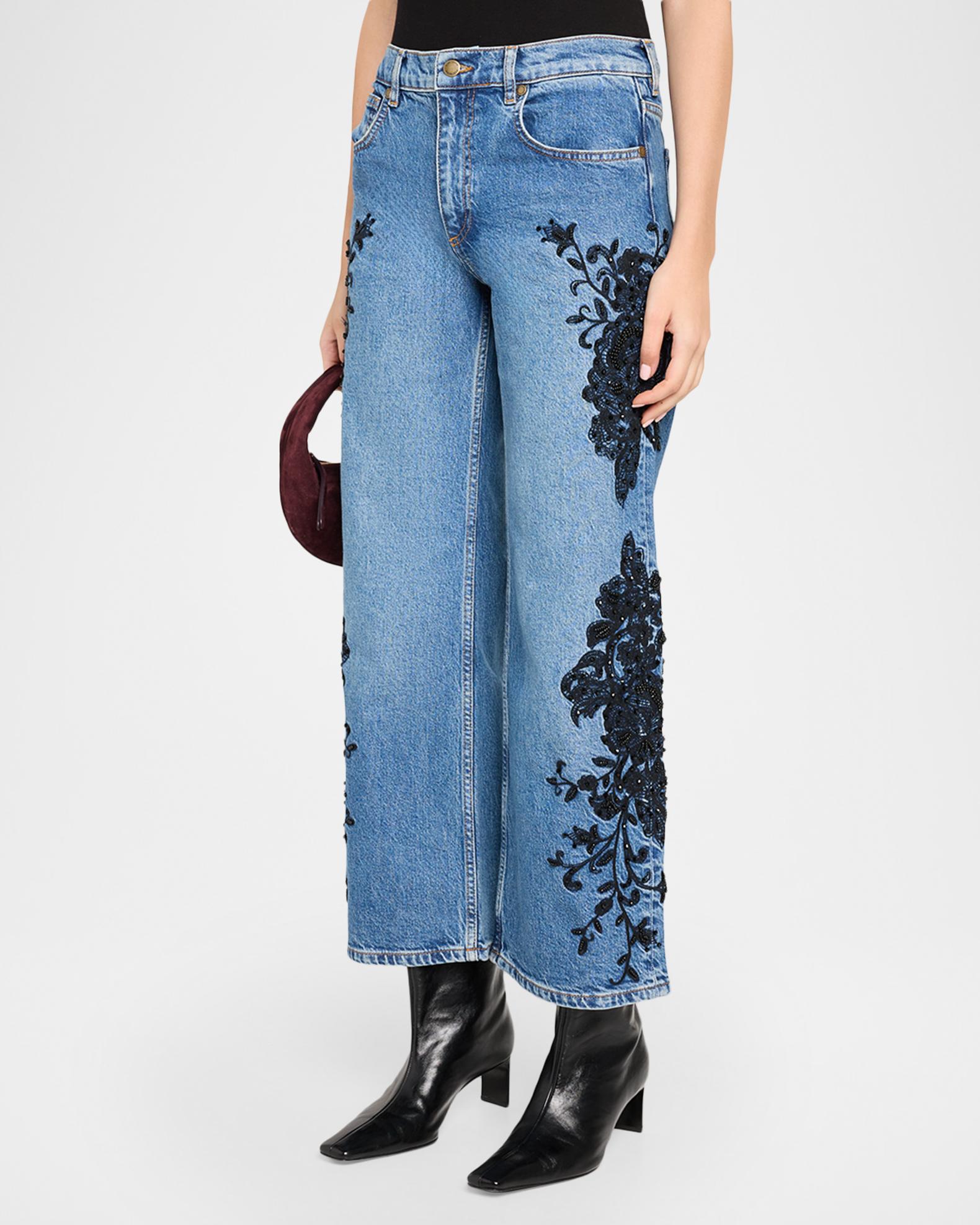 Ramy Brook Lea Beaded Cropped Wide-Leg Jean | Neiman Marcus