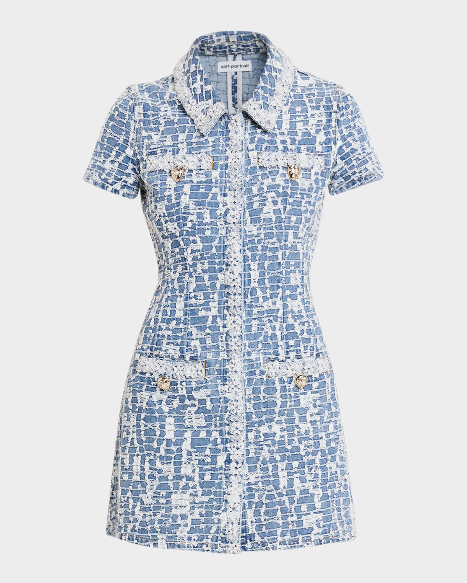 self.portrait denim.dress Self-Portrait Women's Textured Denim Mini Dress - Blue Christmas Flamingo Santa on Psychedelic Streetwear Ladies dresses Made from 100% cotton Color:Navy Cream