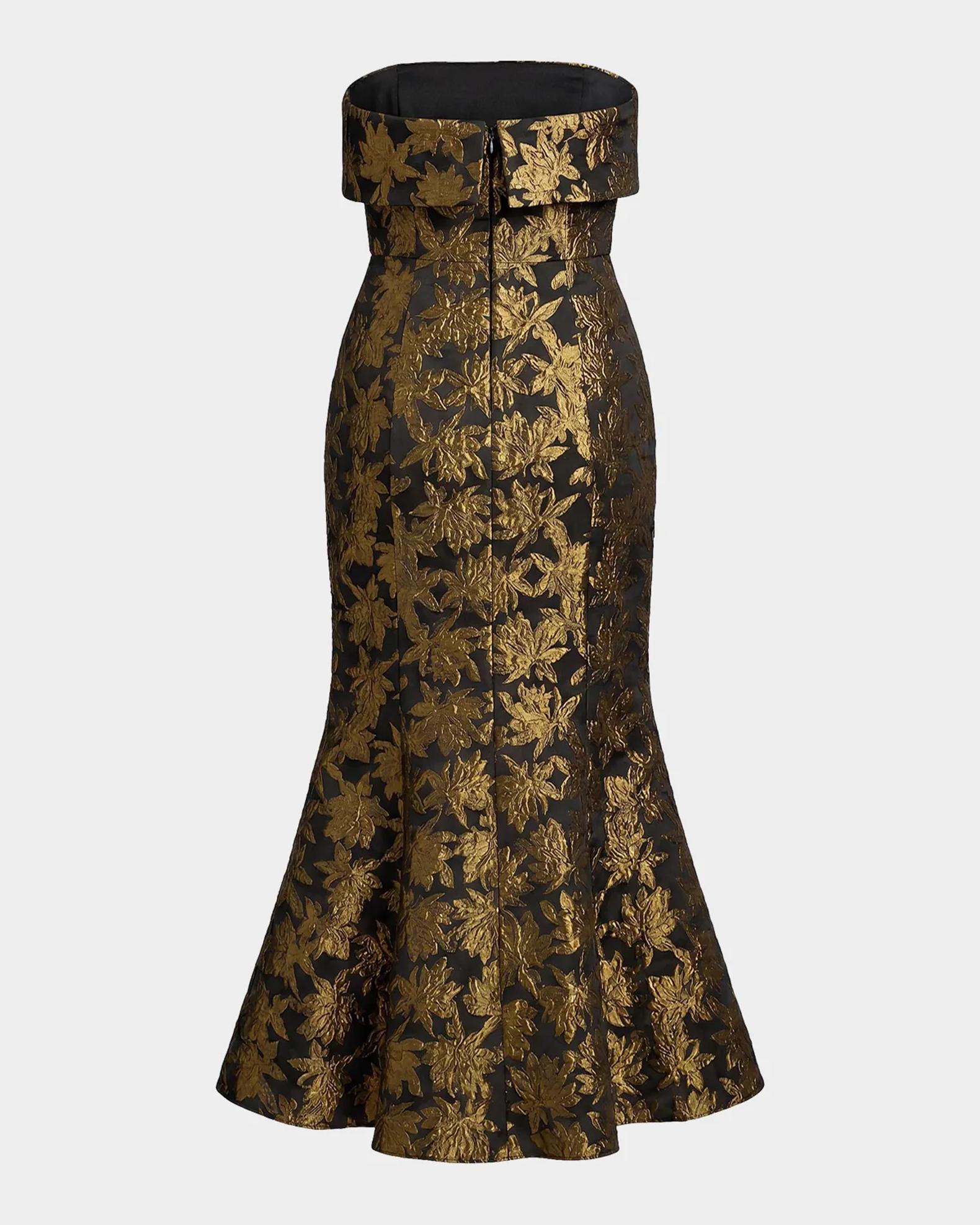mac duggal gold strapless brocade midi dress with pockets Mermaid Light Burgundy