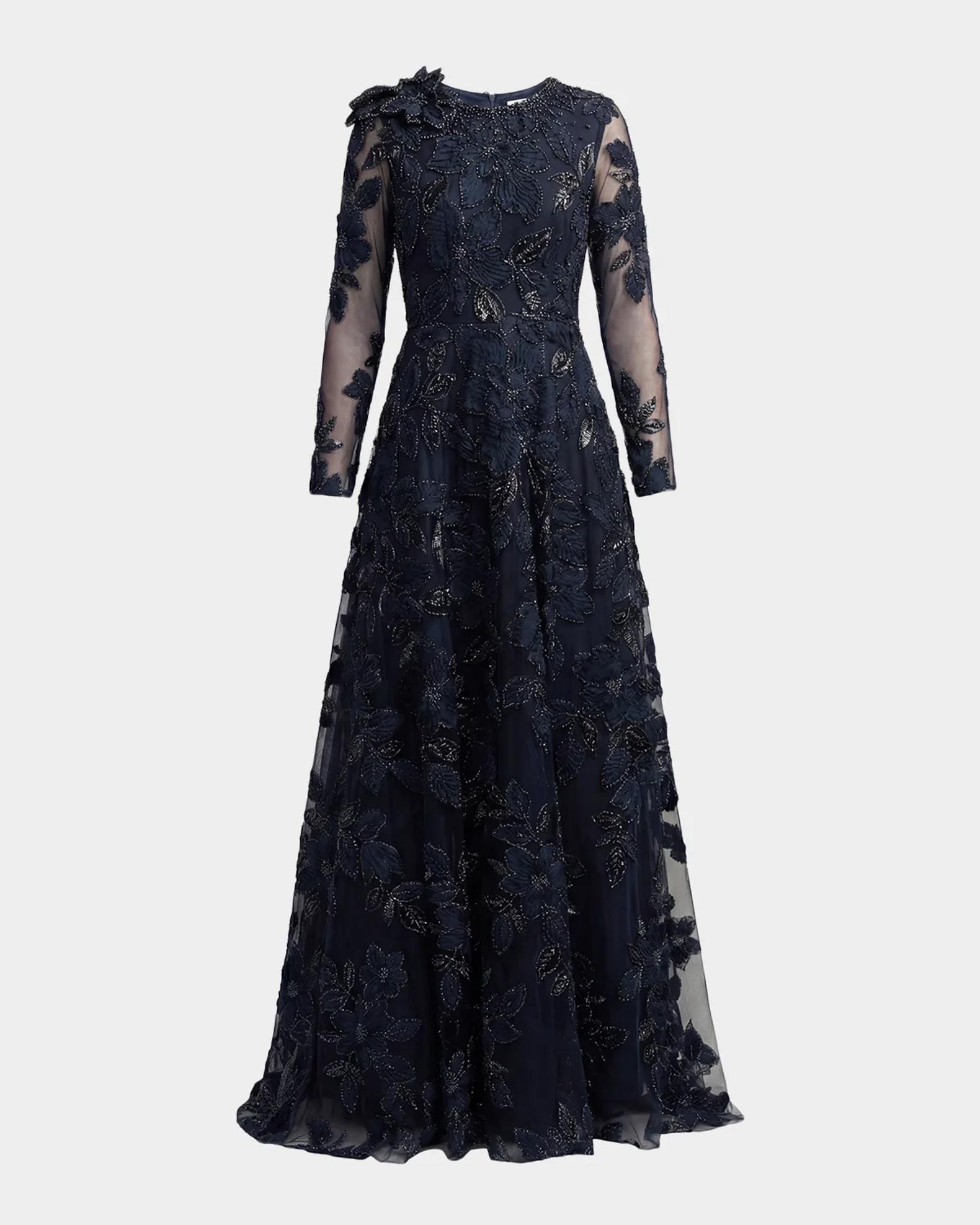 Mac Duggal Floral Mesh Long-Sleeve Gown