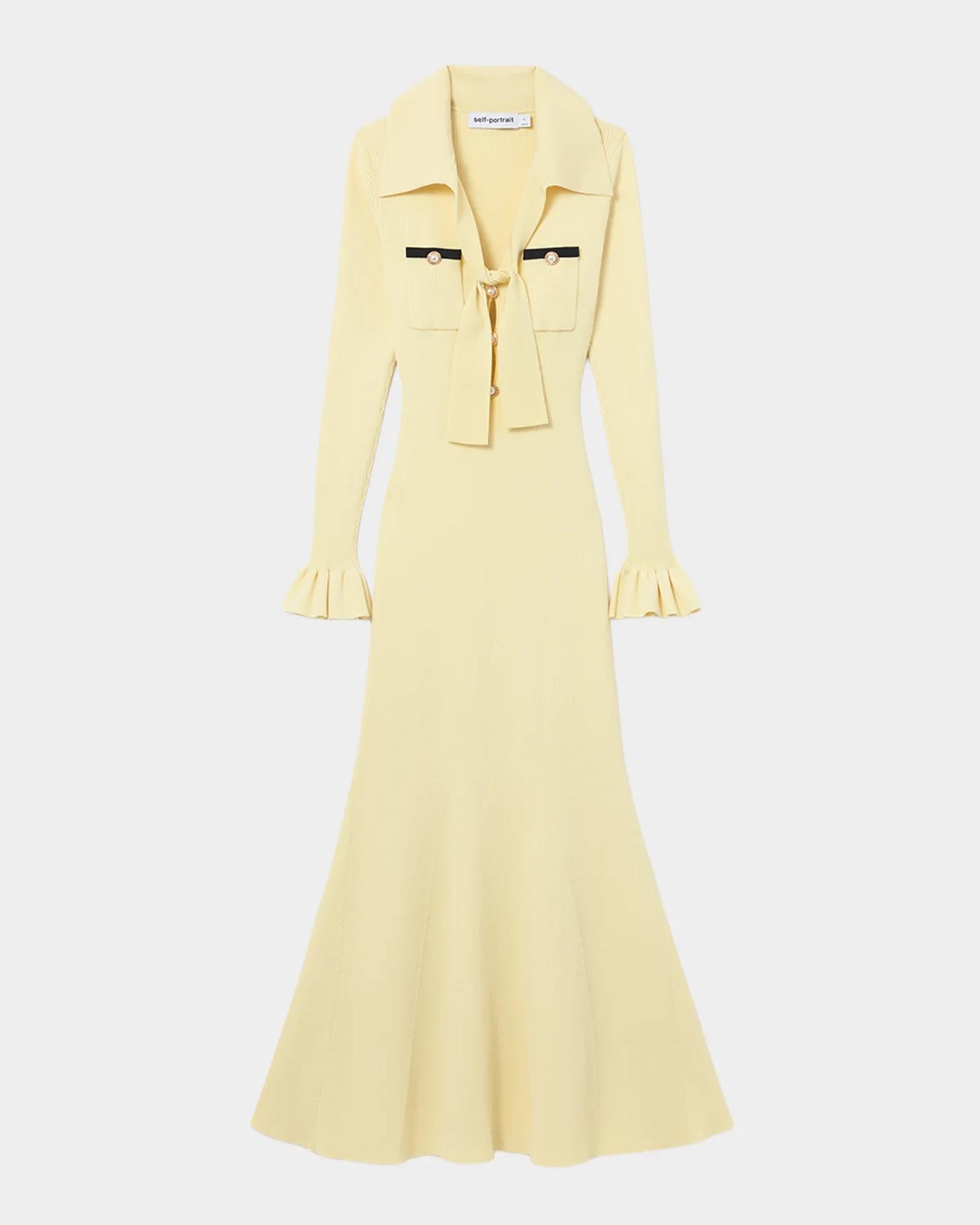 self portrait yellow knit dress Self-Portrait Tie-Neck Midi Dress, Yellow, Women's, SML LEAF