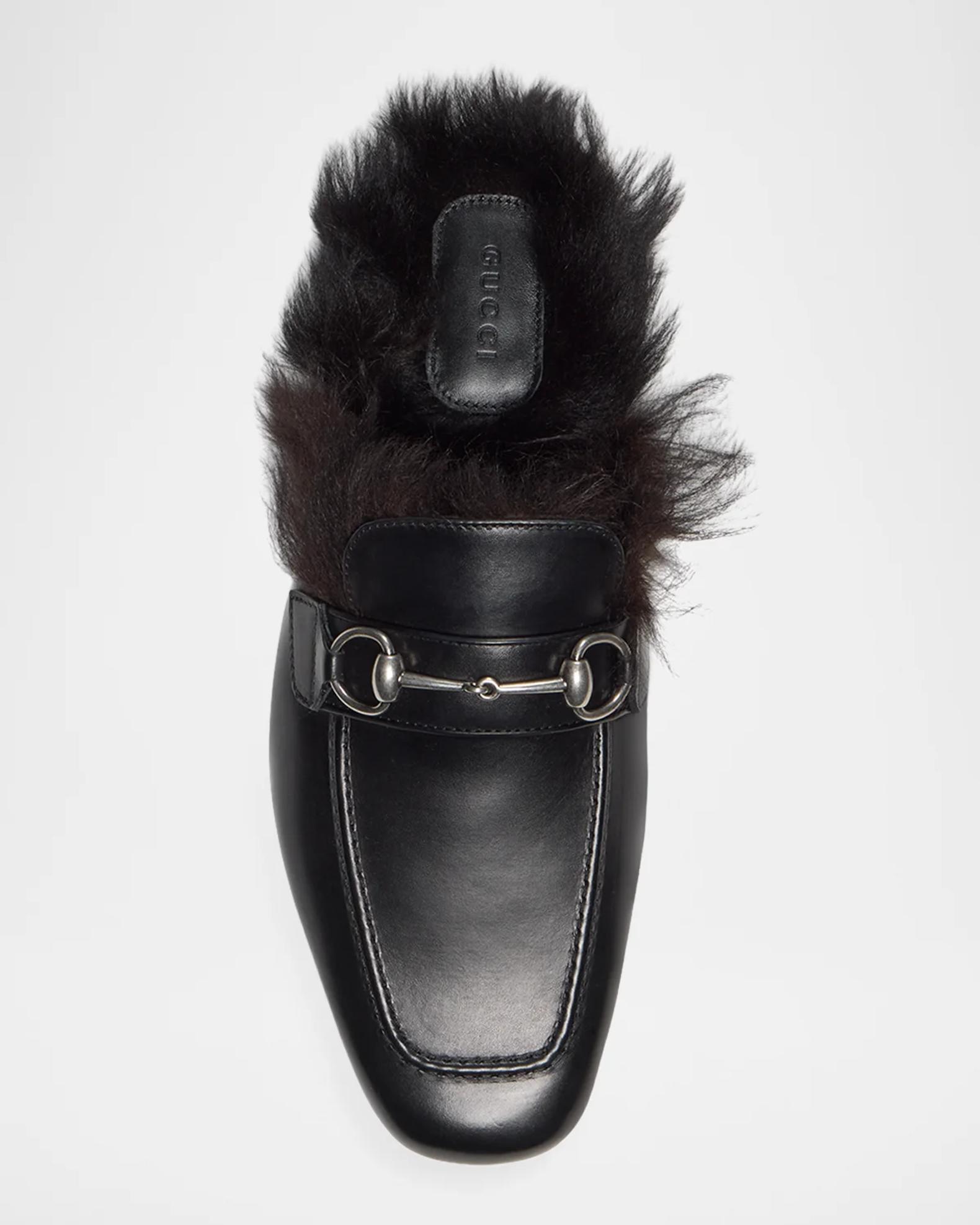 Gucci Casanova Leather & Shearling Horsebit Mules | Neiman Marcus