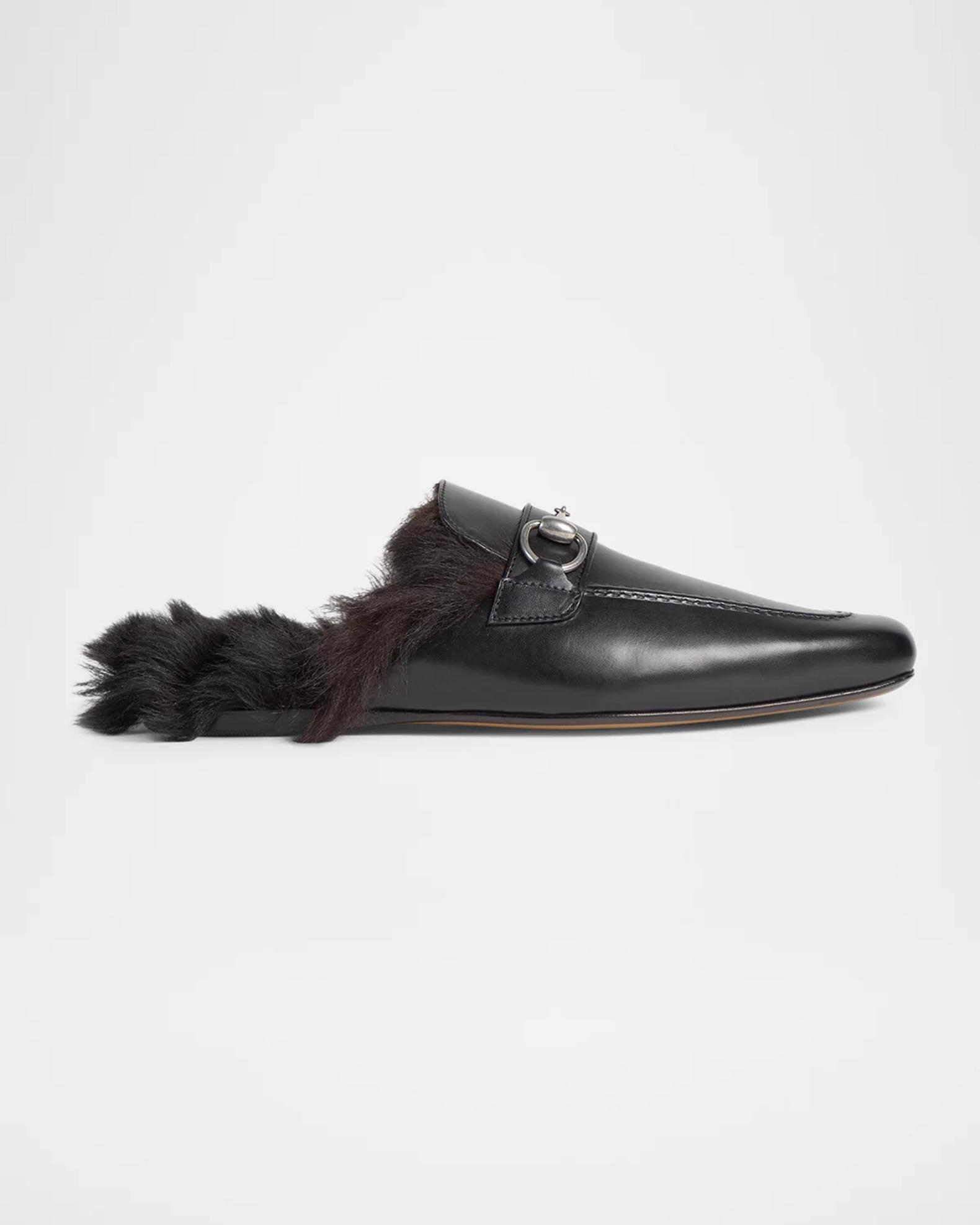 Gucci Casanova Leather & Shearling Horsebit Mules | Neiman Marcus