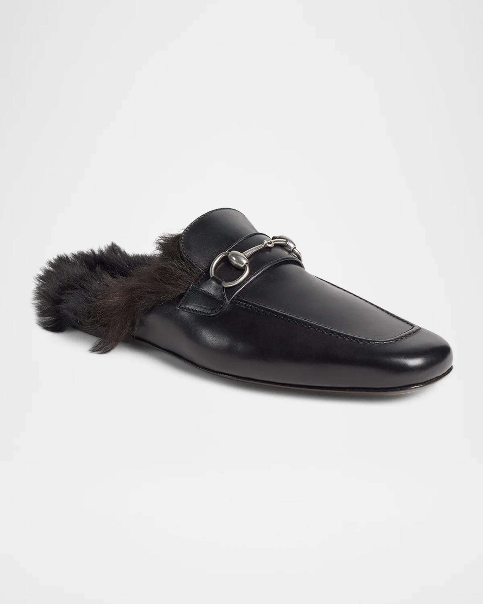 Gucci Casanova Leather & Shearling Horsebit Mules | Neiman Marcus