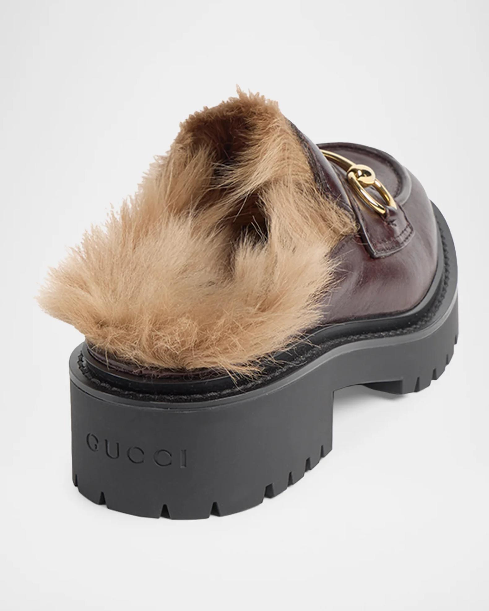 Gucci Rhodi Leather & Shearling Horsebit Mules | Neiman Marcus