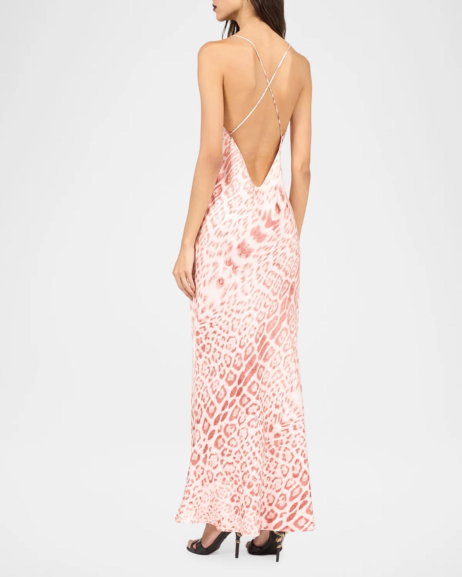 leopard dress backless Roberto Cavalli Leopard-Print Silk Satin Maxi Slip Pearl Colour:Blush Aloruh Pink Backless Bow status_Core US Backless maxi Lightweight chiffon fabric with