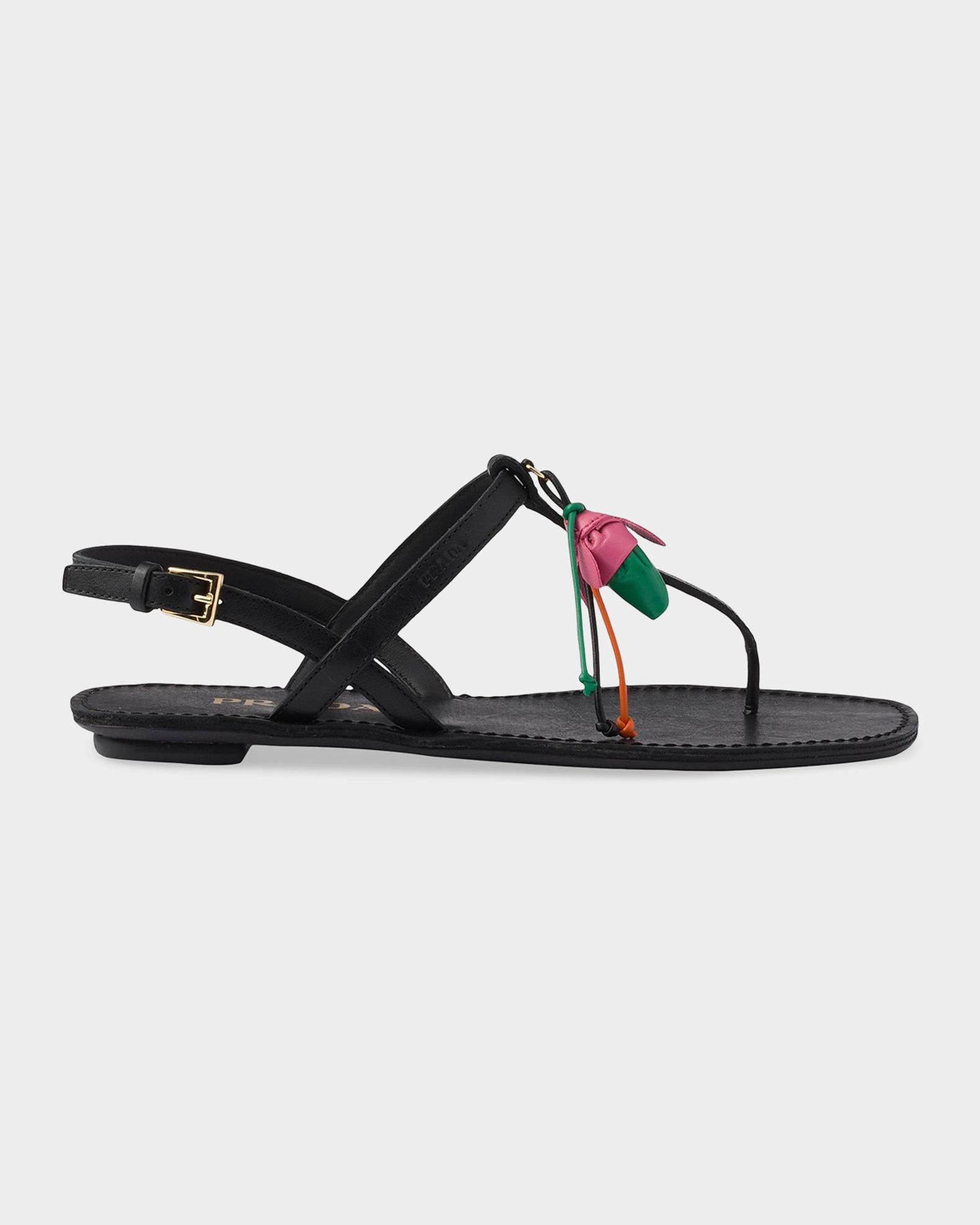 Prada Antiqued Leather Thong Sandals with Floral Ornament | Neiman
