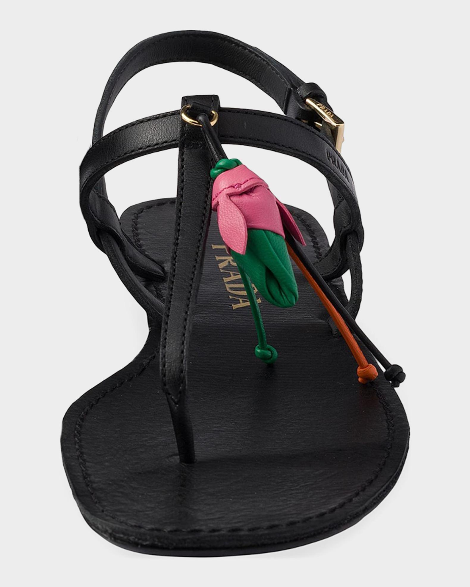Prada Antiqued Leather Thong Sandals with Floral Ornament | Neiman