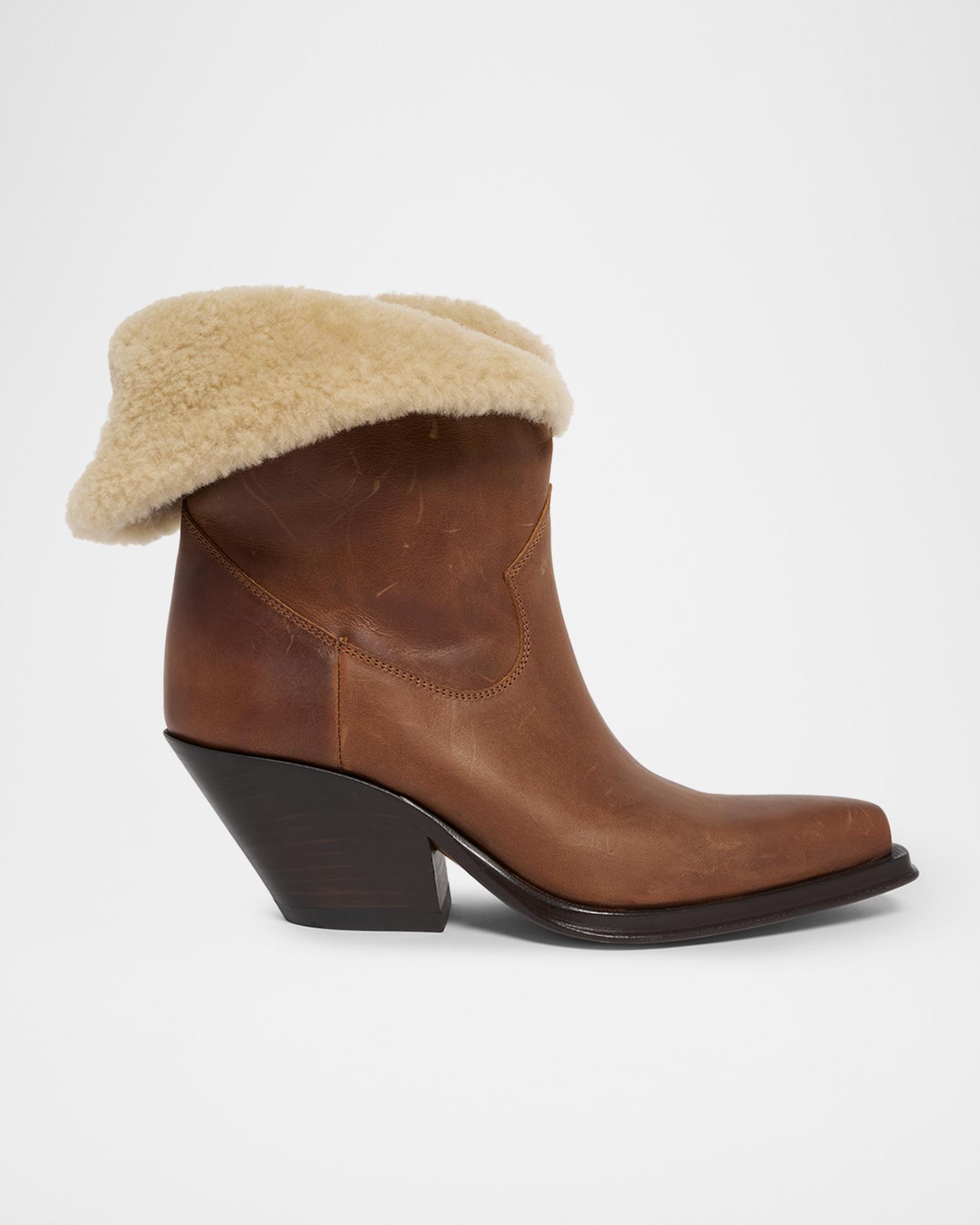 Chloe 65mm Azelan Shearling-Lined Western Leather Ankle Boots