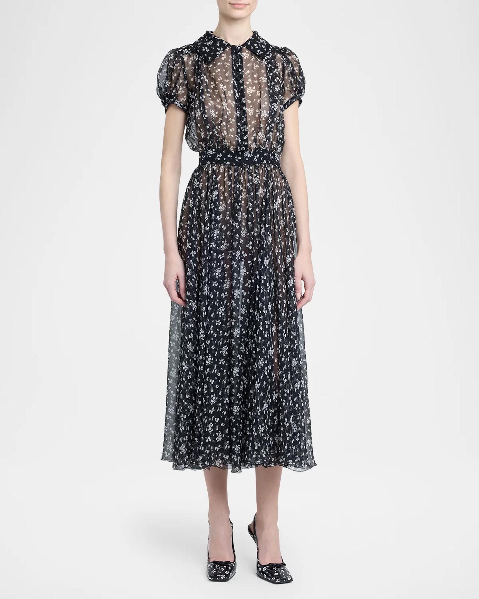 Dolce&Gabbana Short-Sleeve Floral-Print Silk Chiffon Midi