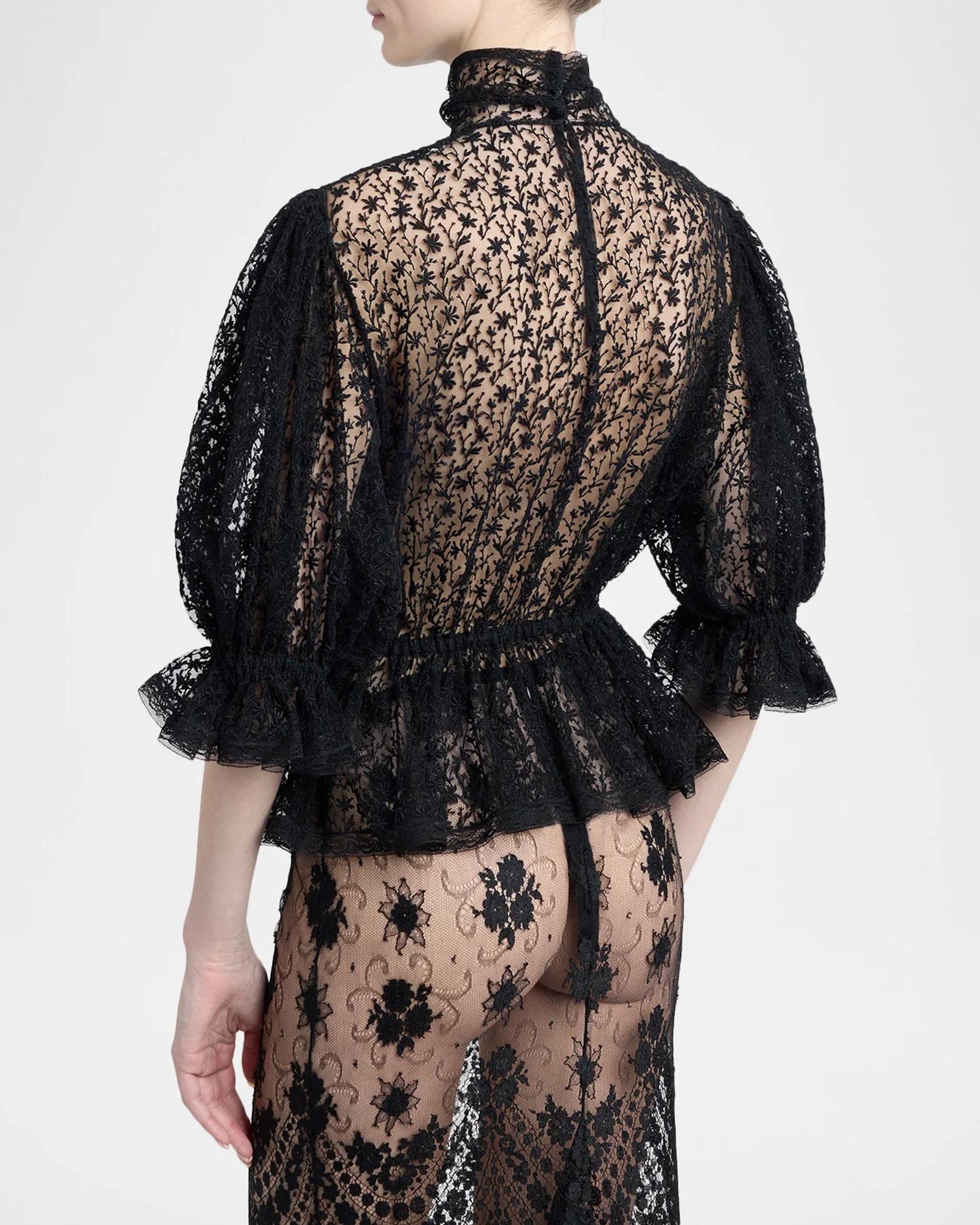 Dolce&Gabbana Floral Embroidered Tulle Puff-Sleeve Ruffle Peplum