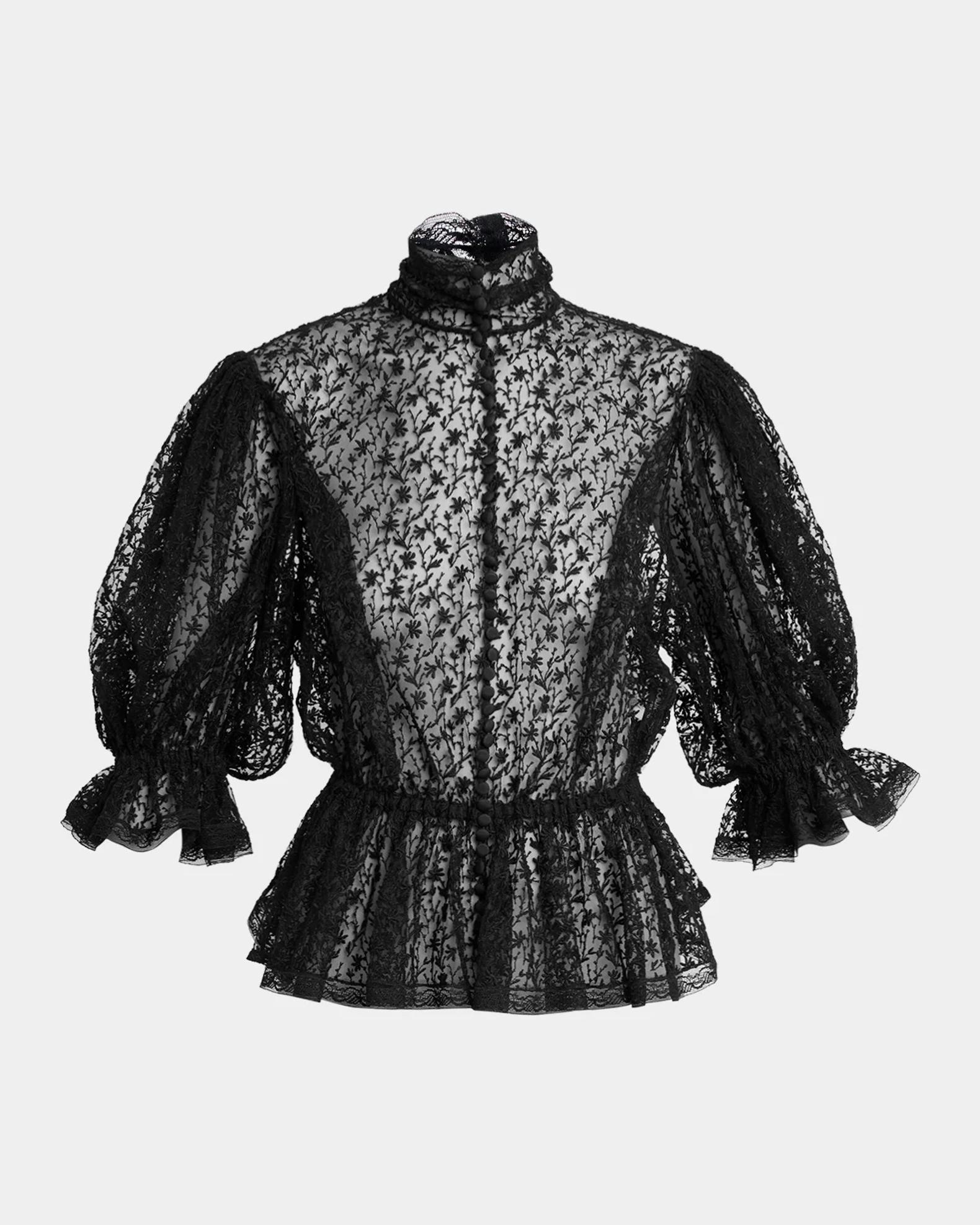 Dolce&Gabbana Floral Embroidered Tulle Puff-Sleeve Ruffle Peplum