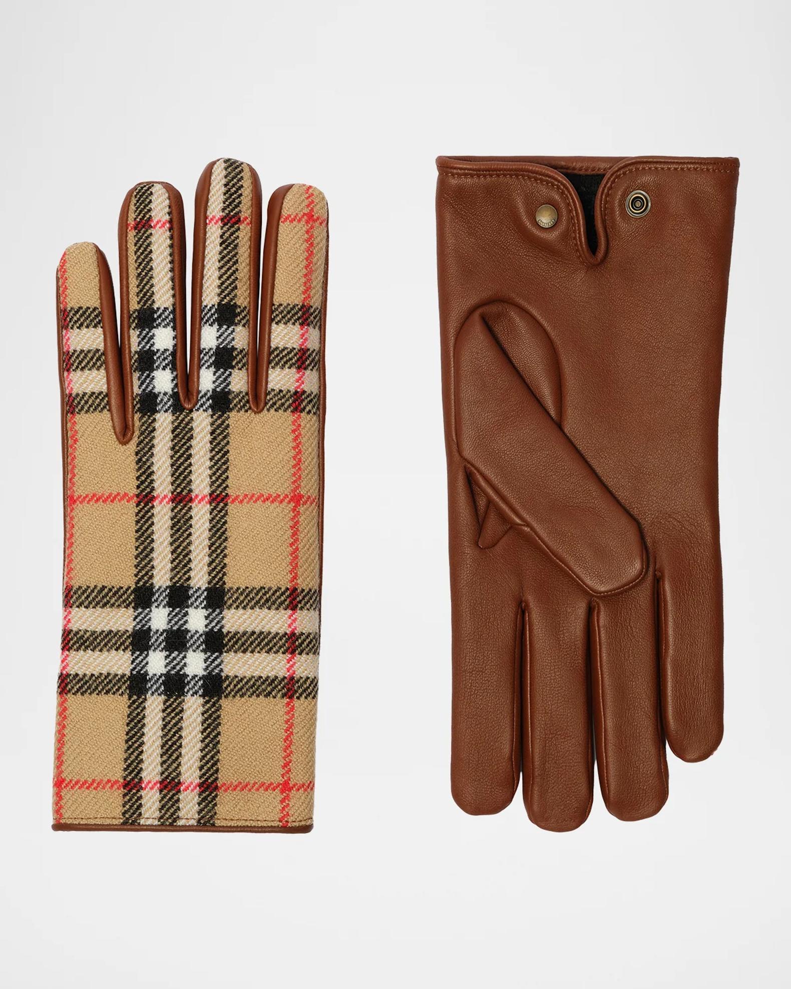 Burberry Men's Check Wool and Leather Gloves | Neiman Marcus