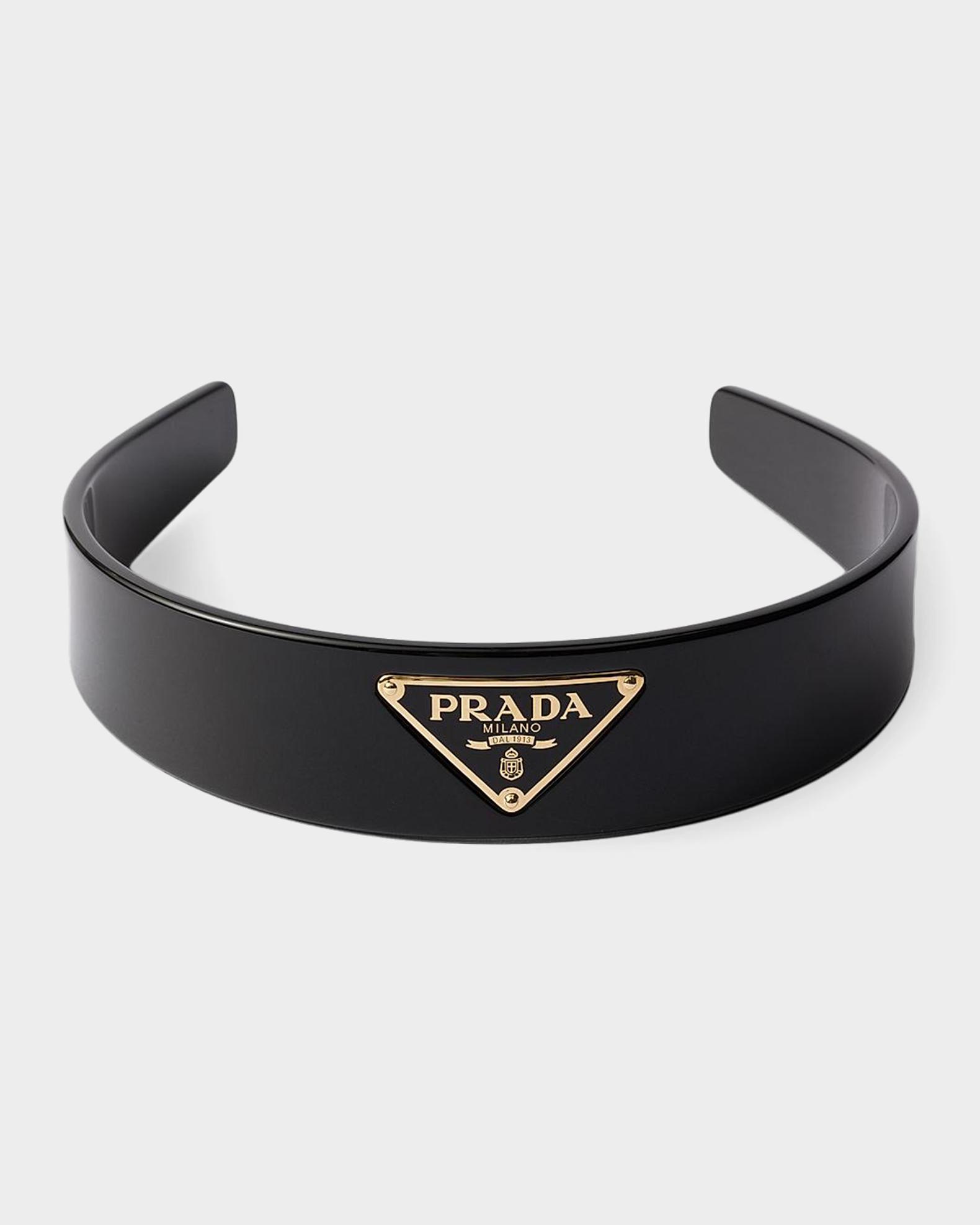 Prada Black Headband with Silver Logo Plaque Prada Headband With Triangle Logo | Neiman Marcus main image 4
