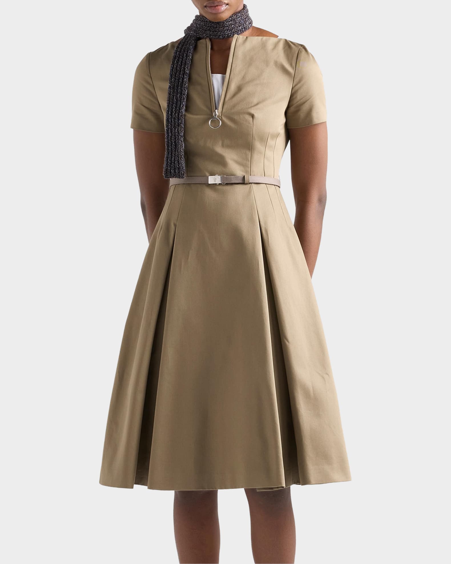 Prada Belted Chino Zipper Midi Dress | Neiman Marcus