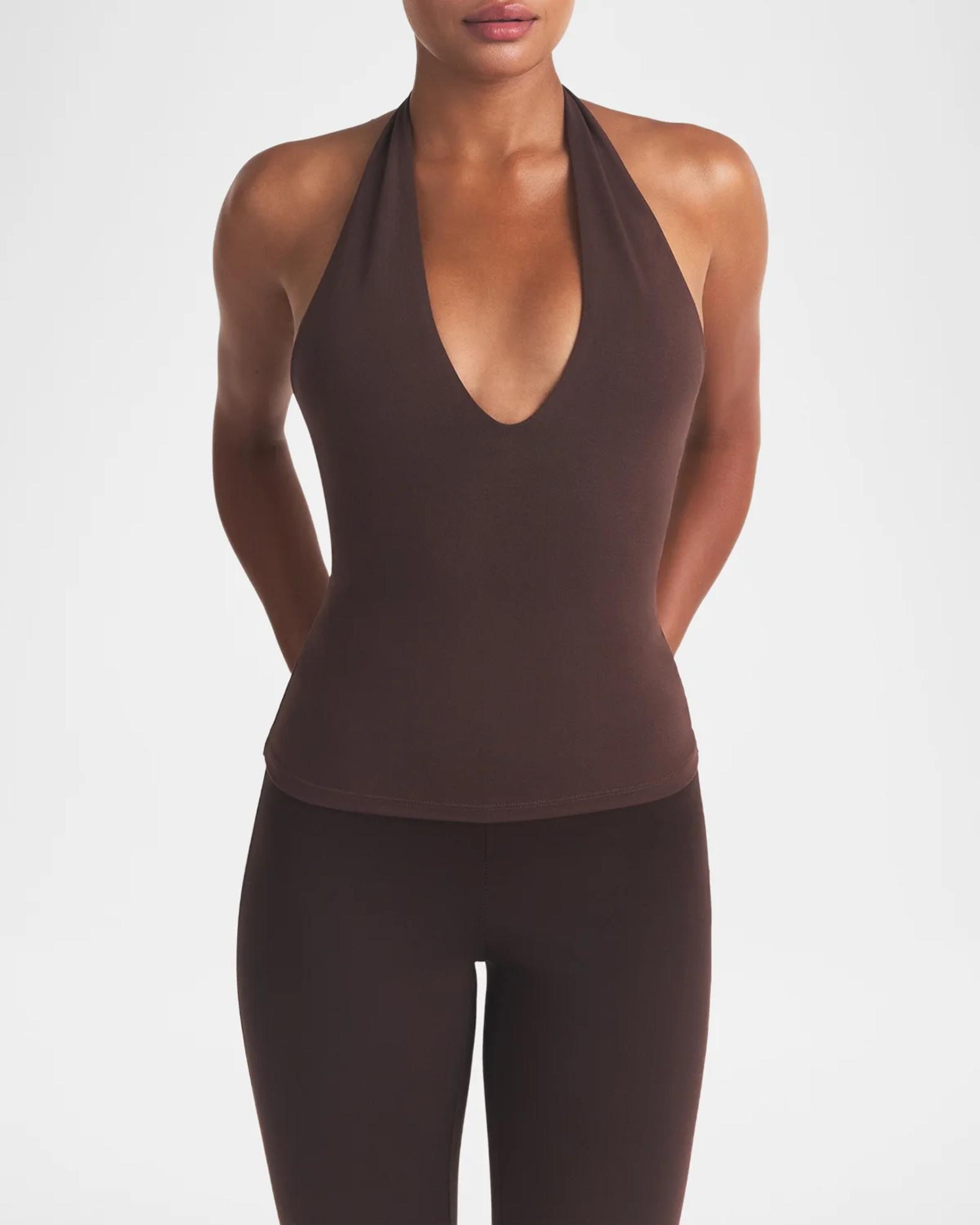 skims smooth lounge low back halter dress Low-Back Plunging Top skims dress with cardigan