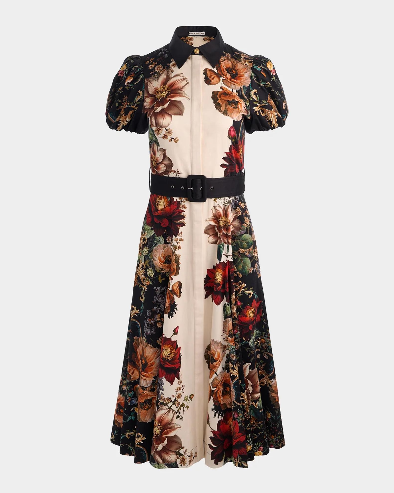 ALICE + OLIVIA Henrietta Floral Belted Midi Dress | Neiman Marcus