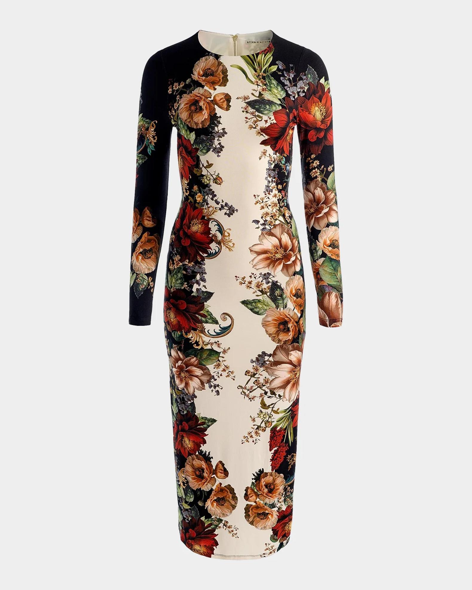 alice olivia delora vegan leather bodycon midi dress + | Floral Radiance | Size 6 Printed or Digital:24-Hr Rush Digital Mustard Yellow Bridesmaid Dresses Exposed back zipper Style:KA0519J