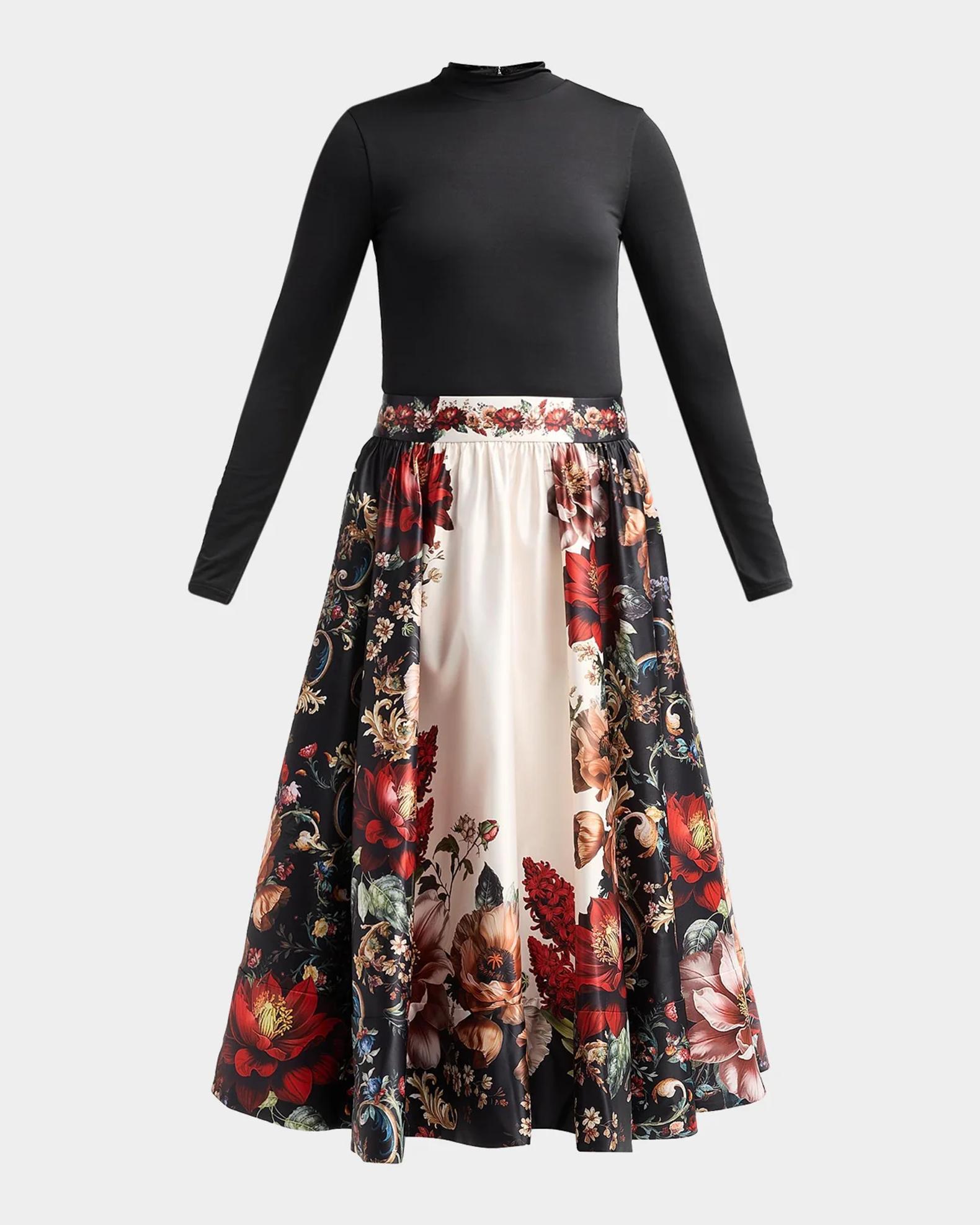 ALICE + OLIVIA Chara Turtleneck Floral Flare Skirt Midi Dress