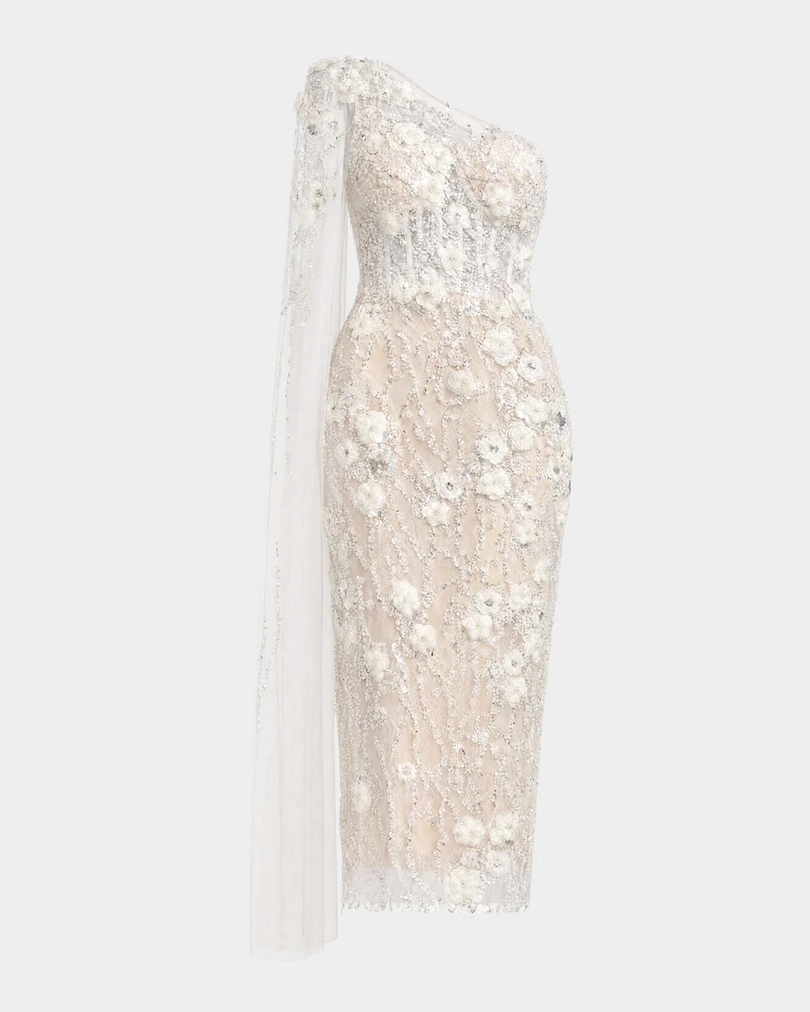 Mac Duggal Embellished One-Shoulder Midi Dress | Neiman Marcus