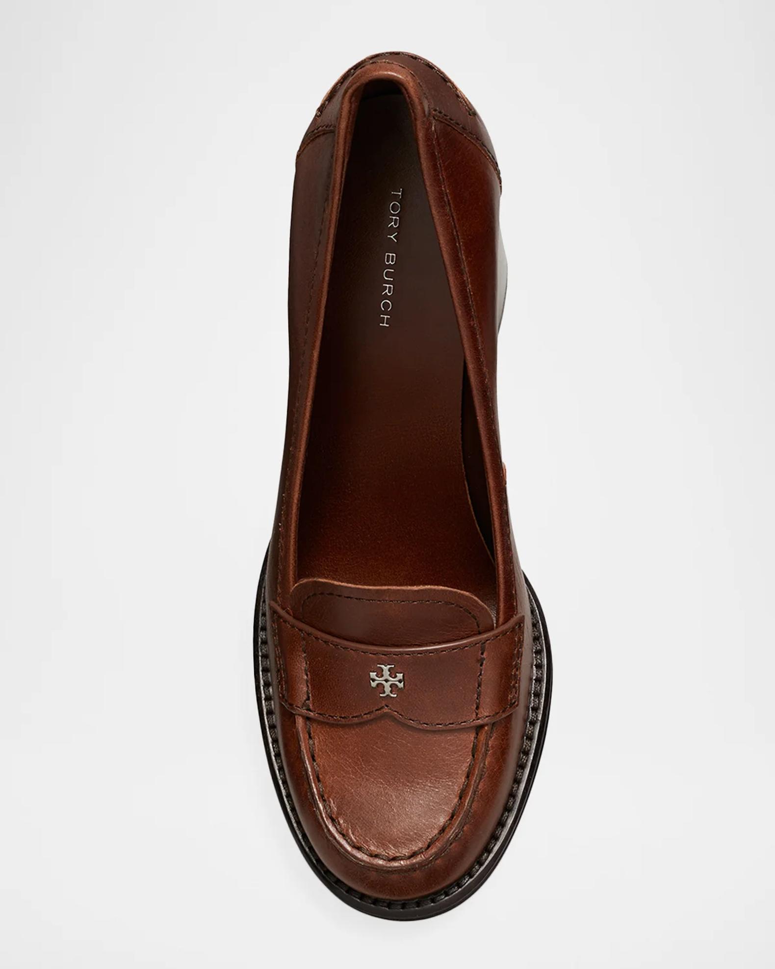 TORY BURCH ブラウンレザー ローファー Tory Burch 85mm Vintage Heeled Leather Loafers | Neiman Marcus