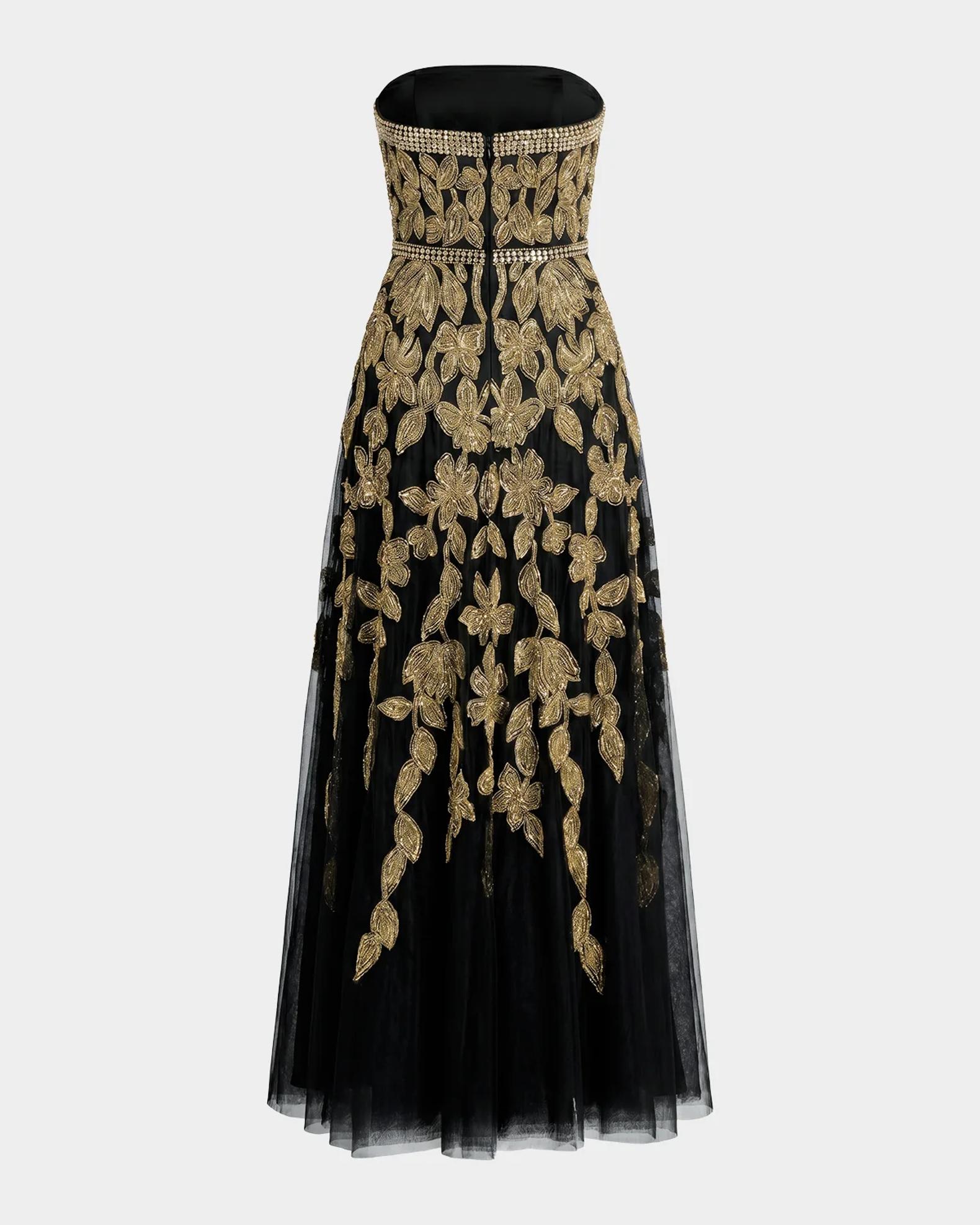 amari gold floral mesh dress Mac Duggal Embellished Strapless A-Line Gown Baymo