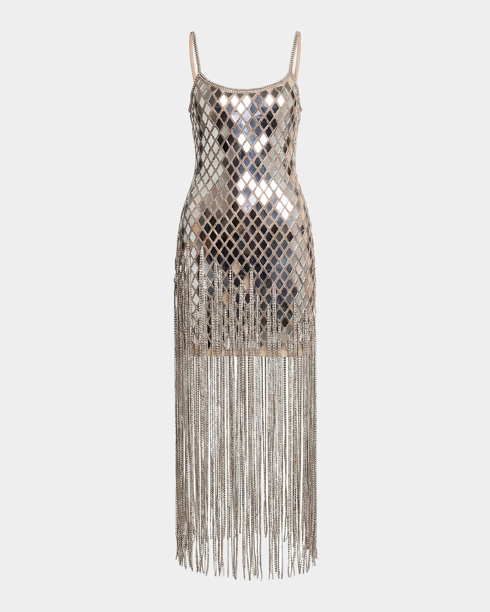Mac Duggal Geometric Mirror Beaded Fringe Midi Dress | Neiman Marcus
