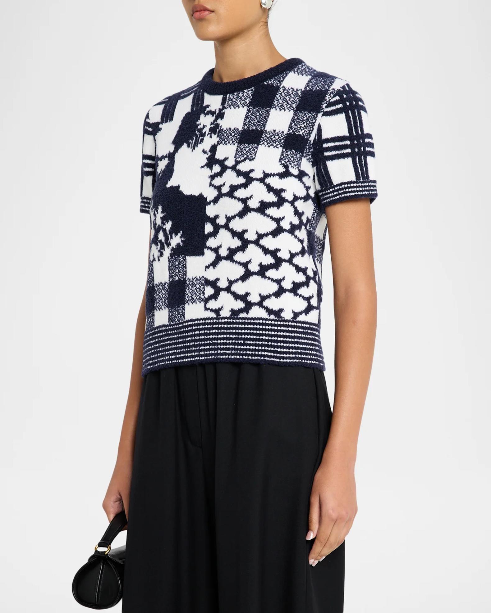 LOEWE Patchwork Wool Knit Short-Sleeve Sweater | Neiman Marcus