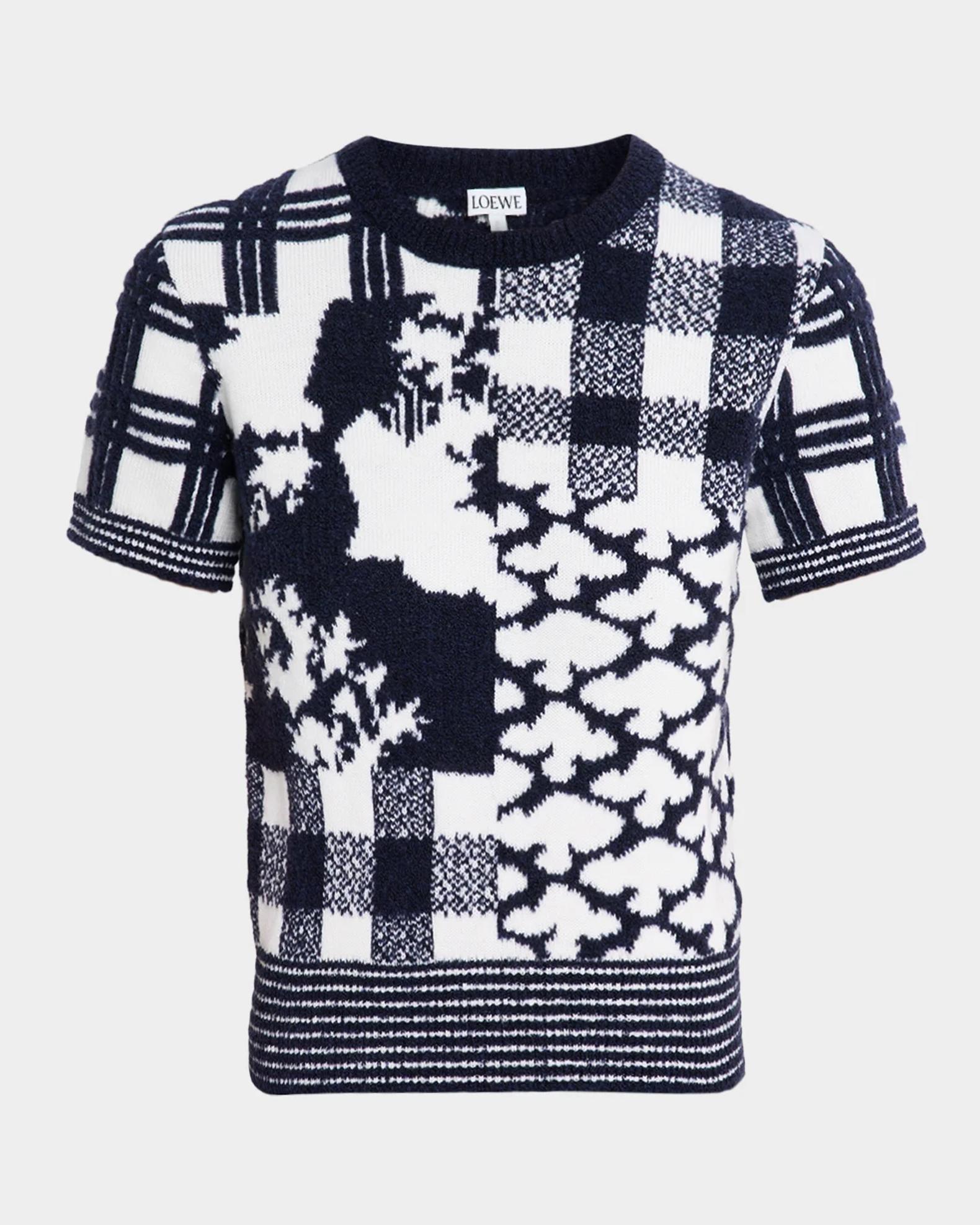 LOEWE Patchwork Wool Knit Short-Sleeve Sweater | Neiman Marcus