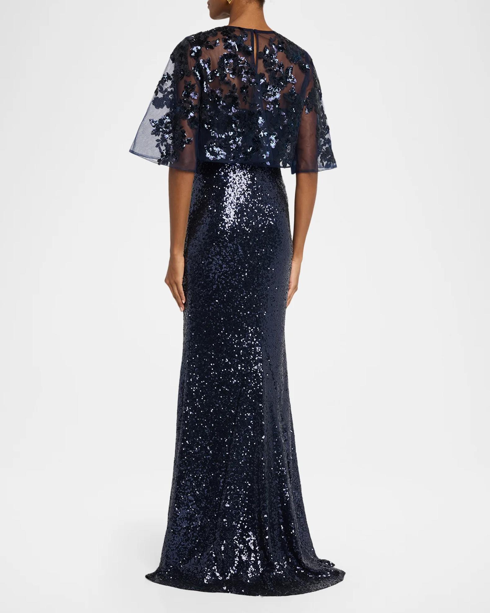 Rene Ruiz Collection Sheer Cape Sequin Column Gown | Neiman Marcus
