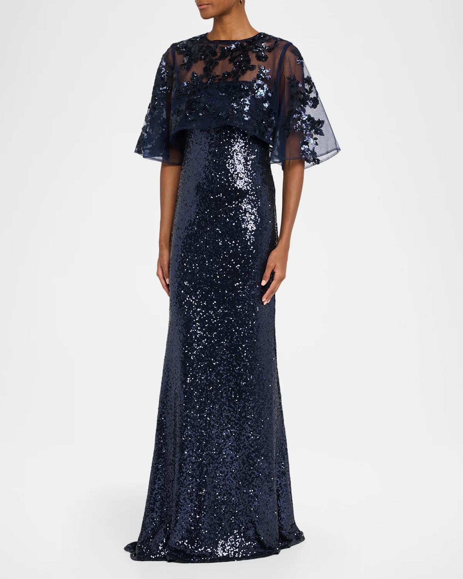 Rene Ruiz Collection Sheer Cape Sequin Column Gown | Neiman Marcus