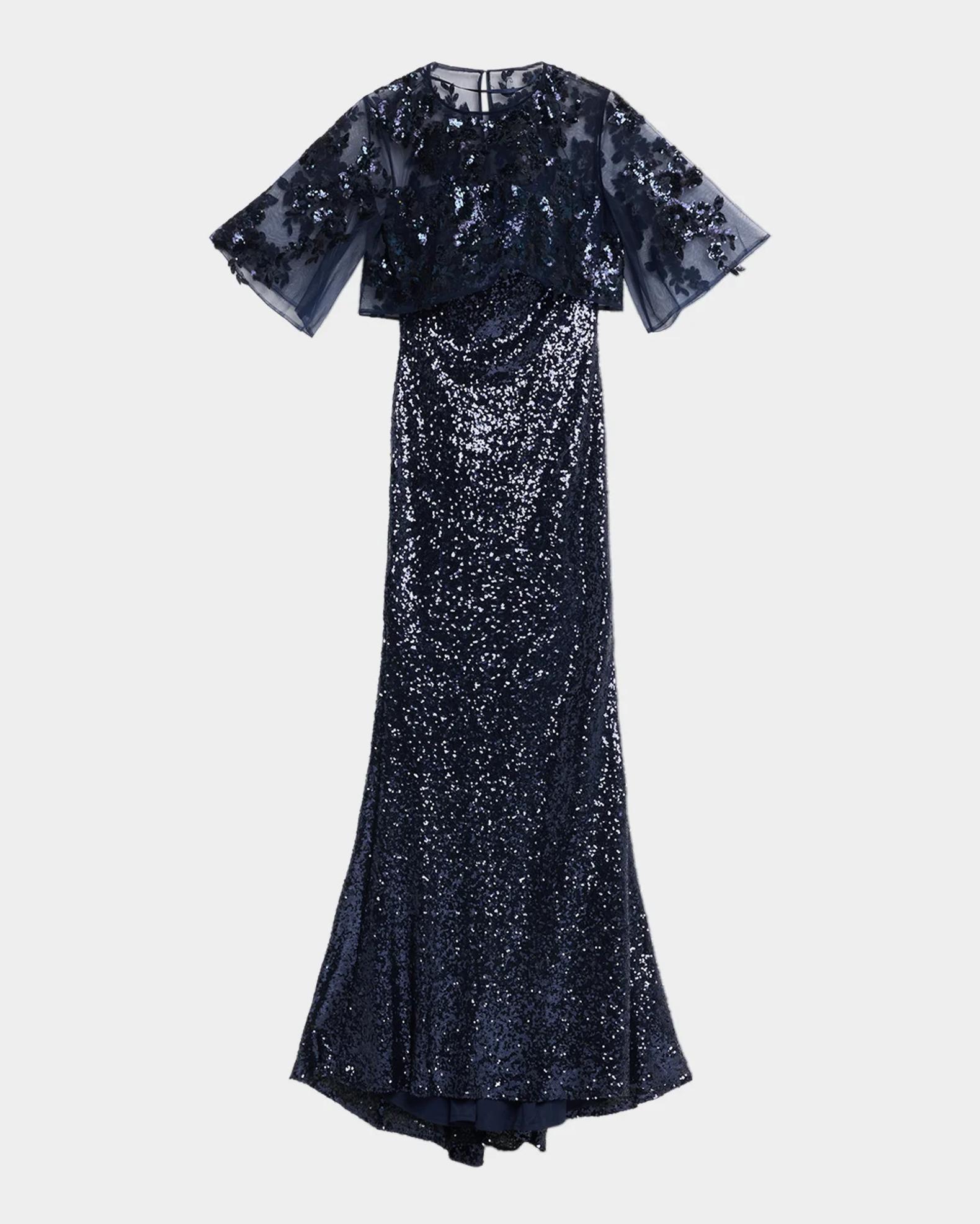 Rene Ruiz Collection Sheer Cape Sequin Column Gown | Neiman Marcus