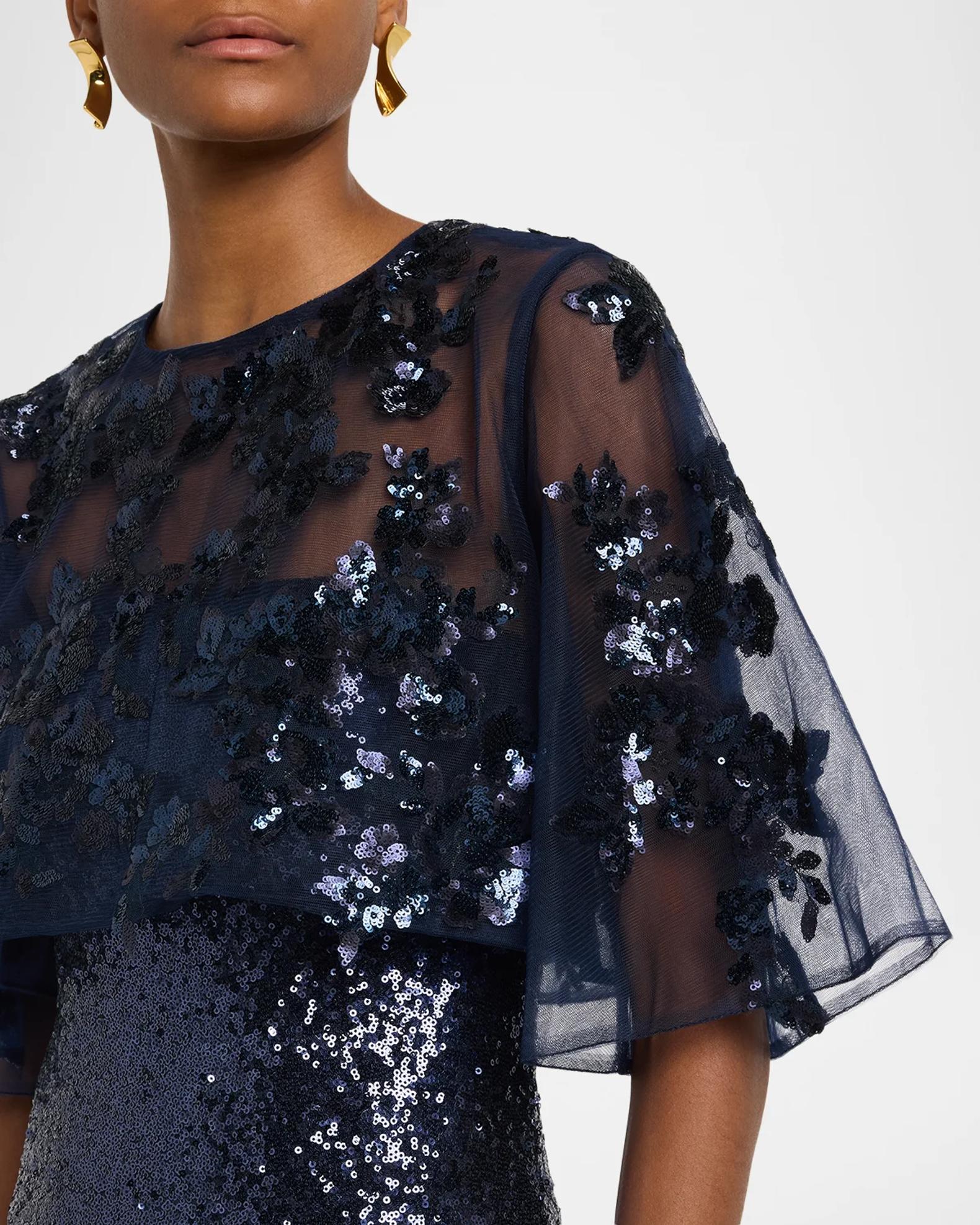 Rene Ruiz Collection Sheer Cape Sequin Column Gown | Neiman Marcus