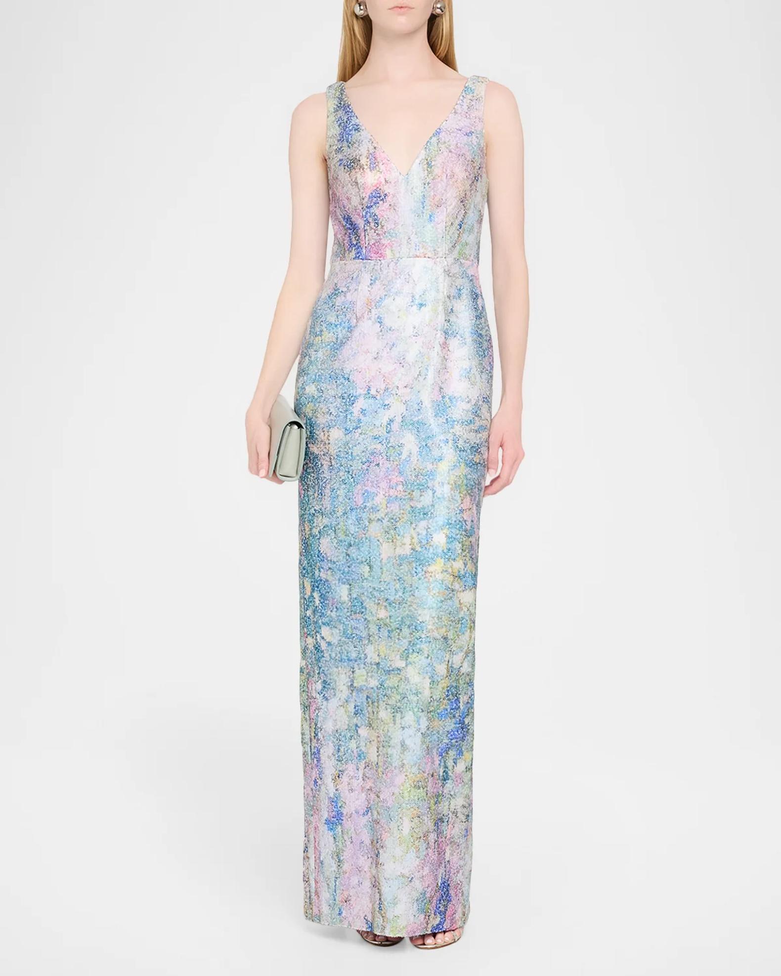 Pamella Roland Sleeveless Printed Sequin Column Gown | Neiman Marcus