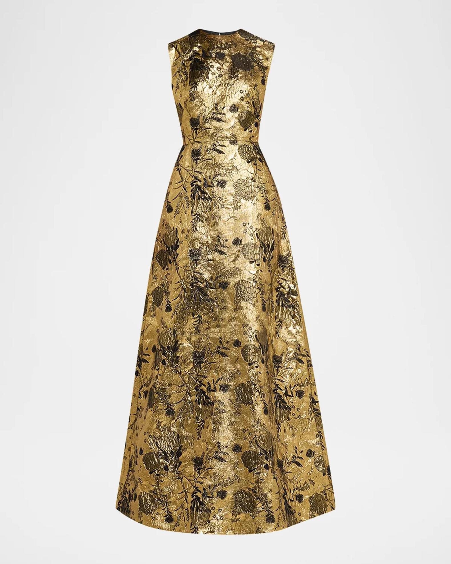 Metallic Floral Brocade Sleeveless A-Line Gown
