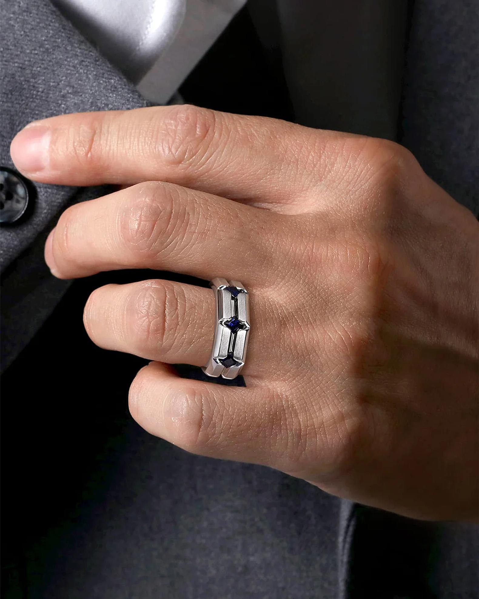 Gabriel & Co Men's Geo Sapphire Wide Band Ring in Sterling Silver, 7 ...