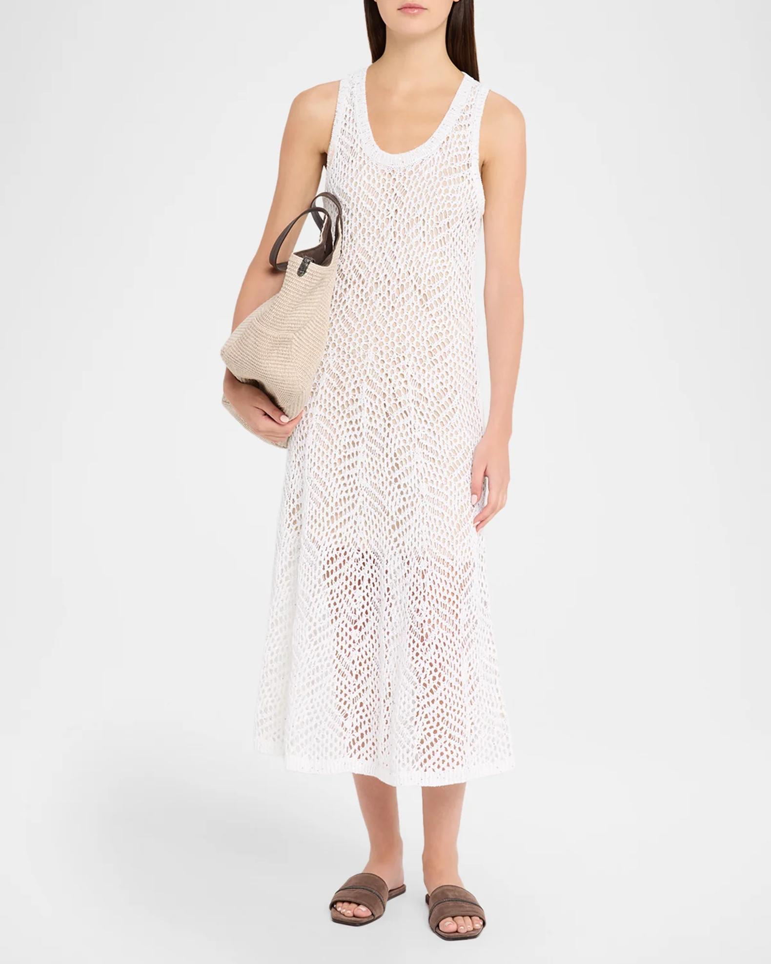 Brunello Cucinelli Linen Diamante Crochet Sleeveless Midi Dress