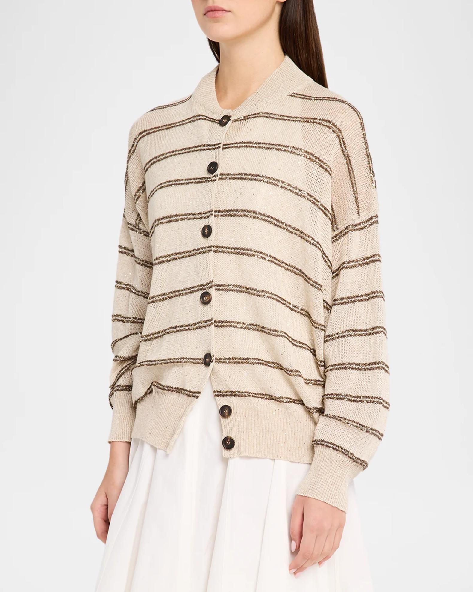 Brunello Cucinelli Striped Paillette Linen-Cotton Knit Bomber