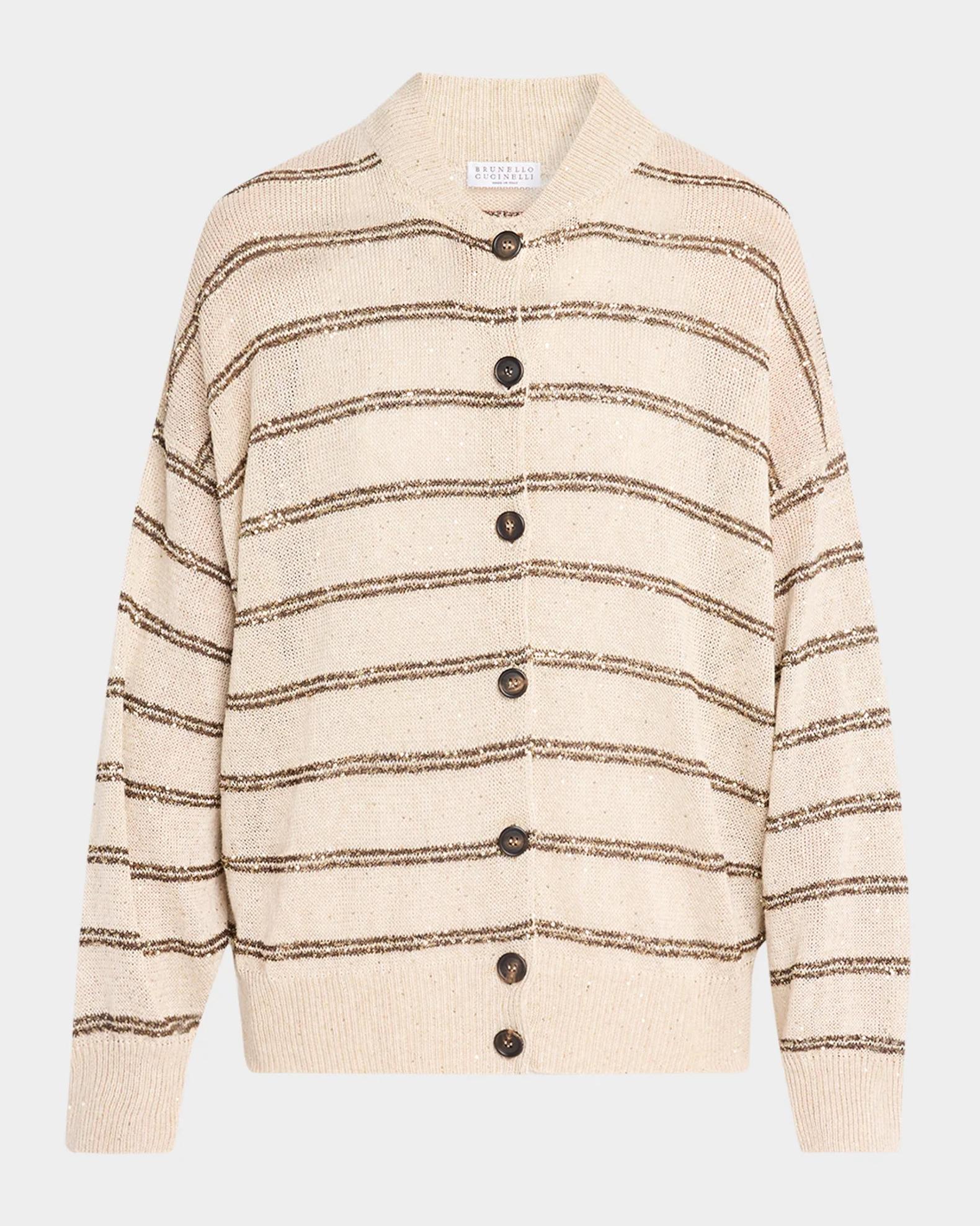 Brunello Cucinelli Striped Paillette Linen-Cotton Knit Bomber