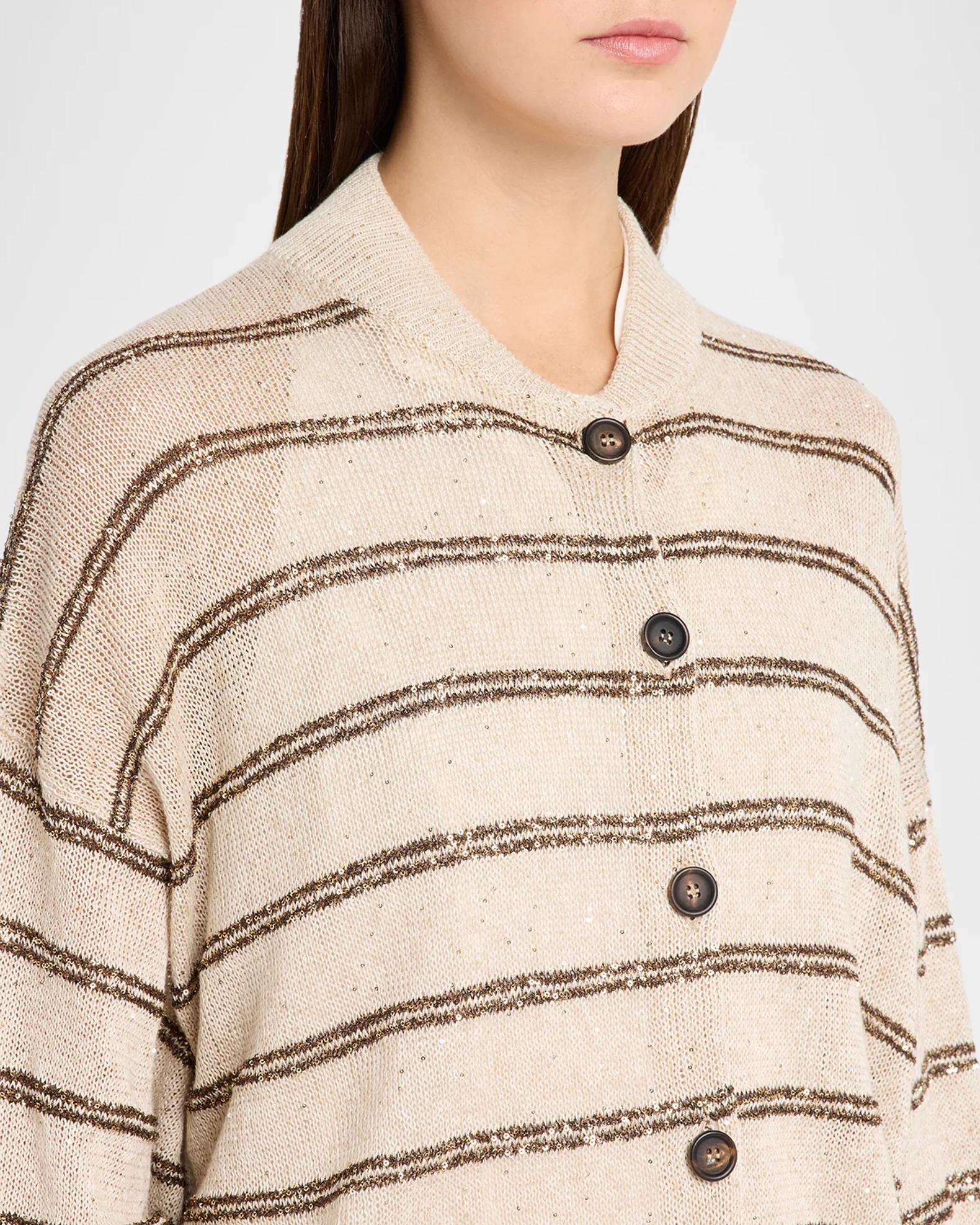 Brunello Cucinelli Striped Paillette Linen-Cotton Knit Bomber