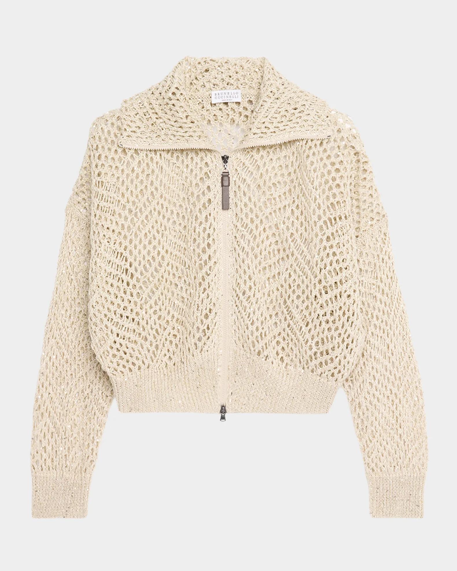 Brunello Cucinelli Paillette Linen Open-Knit Zip Cardigan | Neiman