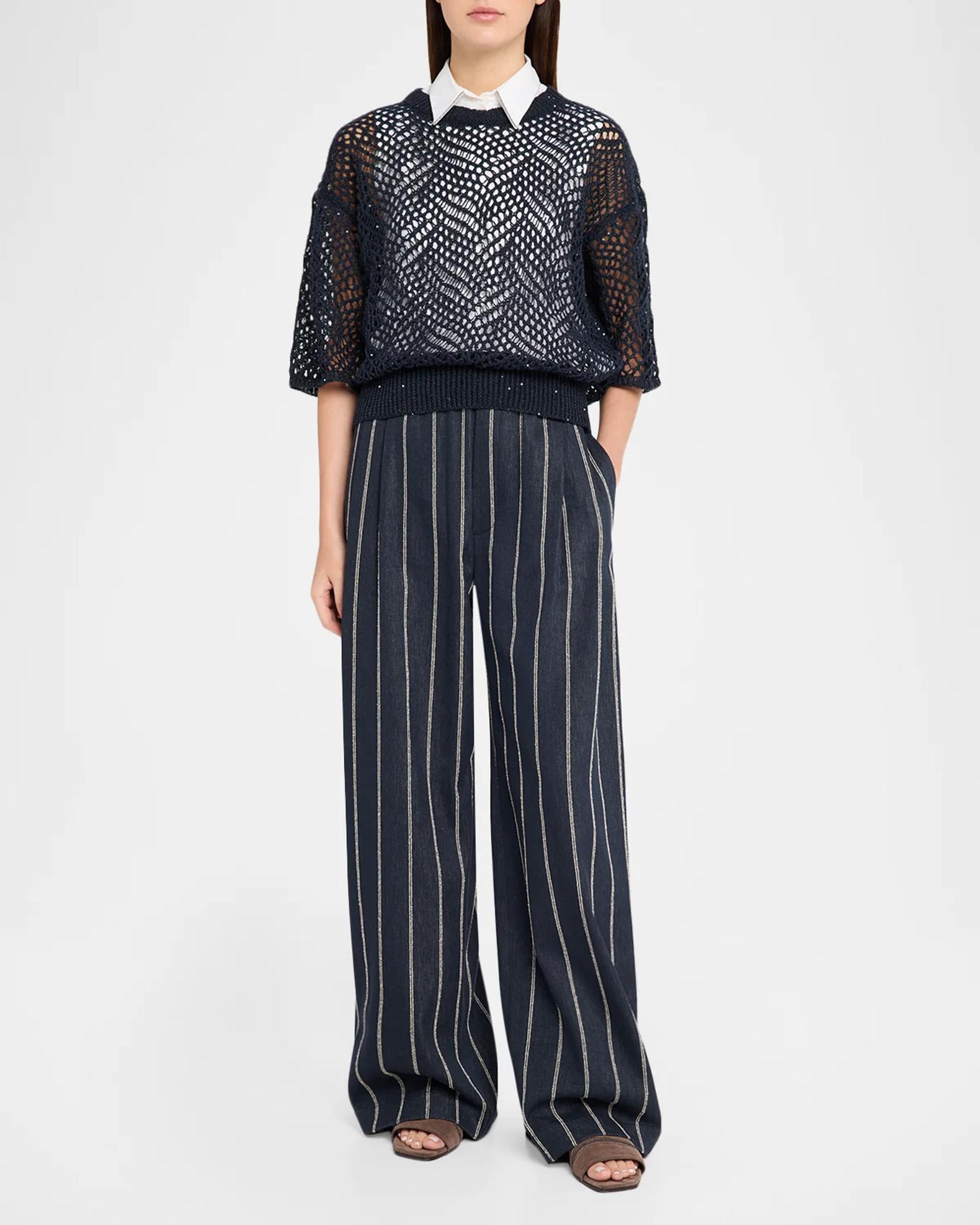 Brunello Cucinelli Linen Diamante Open Knit Short-Sleeve Sweater ...