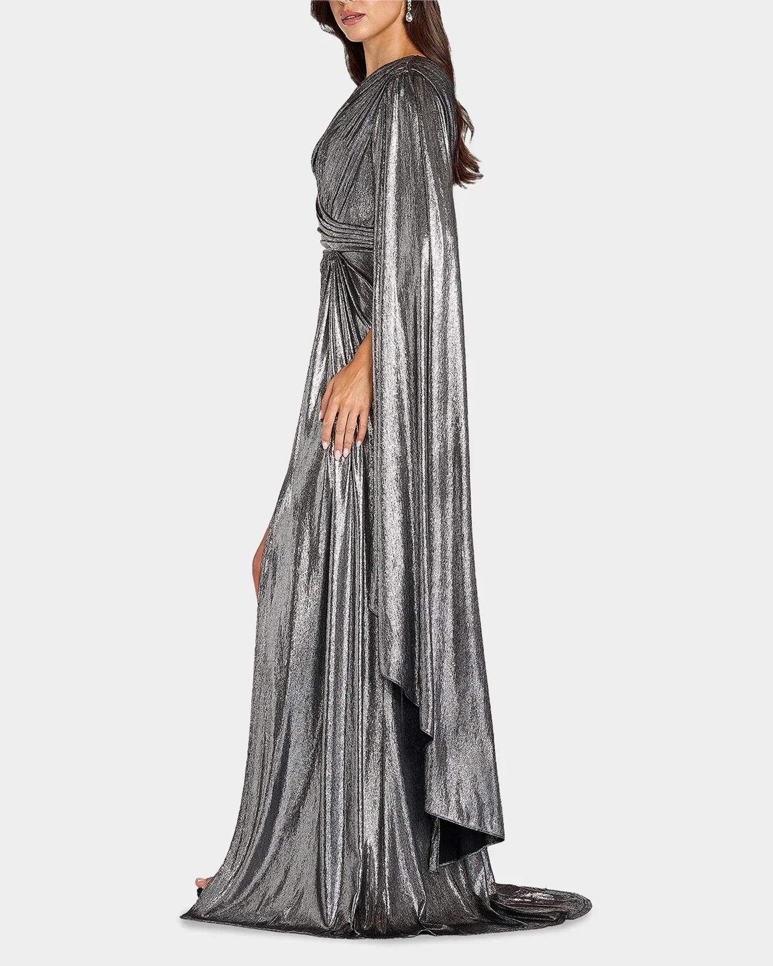 tadashi shoji grey dress Zeka Metallic Cape Sleeve Gown c-neon green