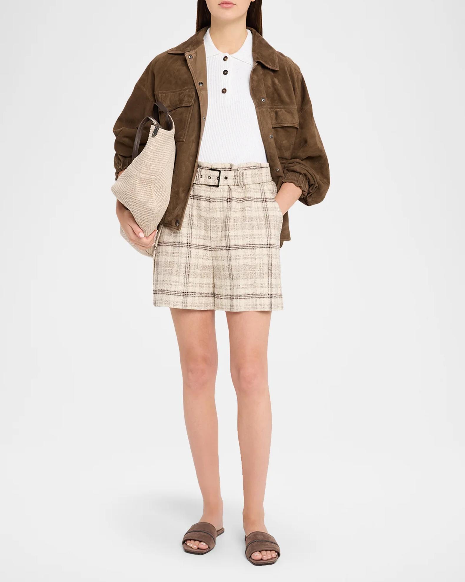 【美品】BRUNELLO CUCINELLI ショートパンツ　茶系　シルク　38 Brunello Cucinelli Cotton-Silk Check Tweed Belted Paperbag Shorts