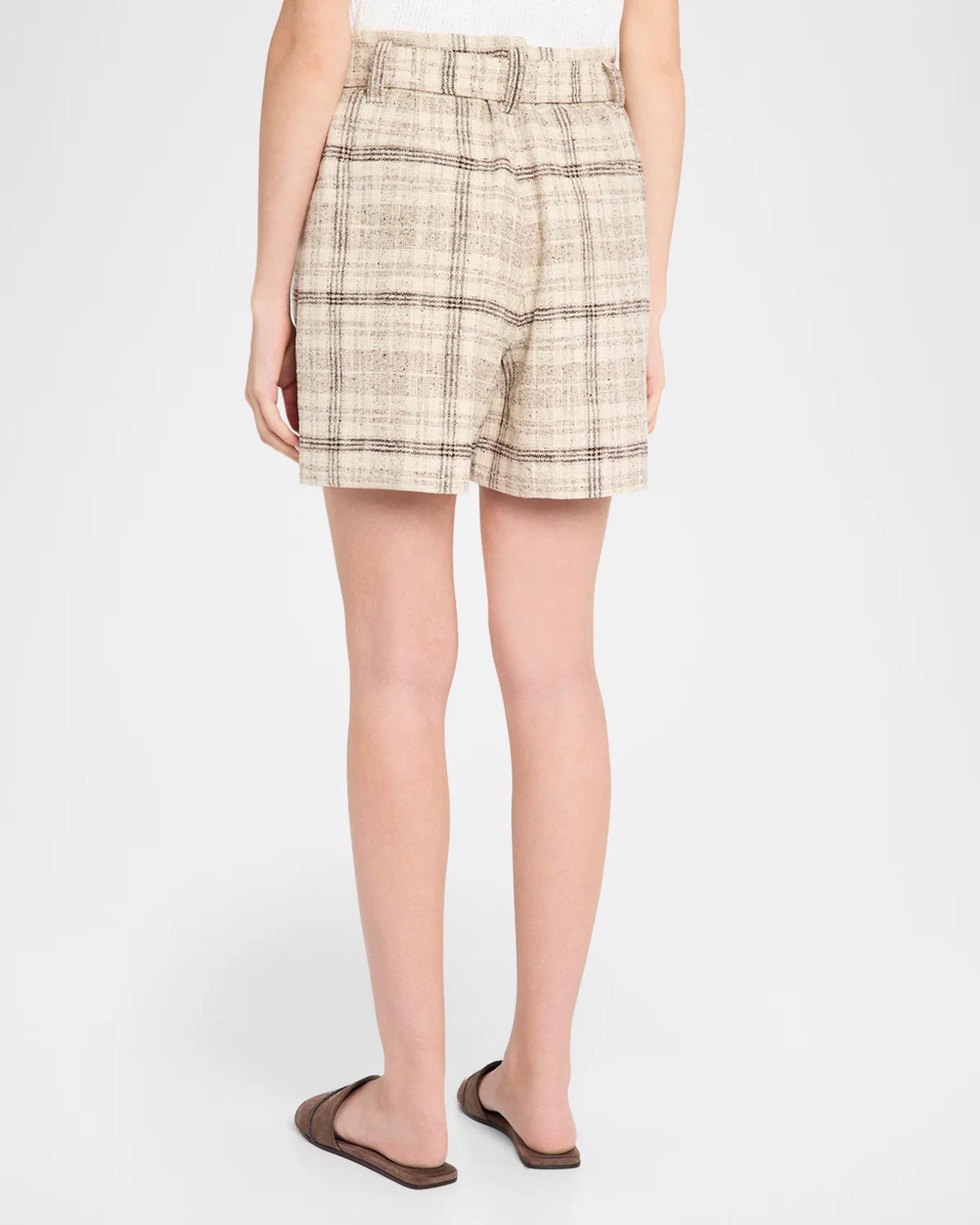 Brunello Cucinelli Cotton-Silk Check Tweed Belted Paperbag Shorts